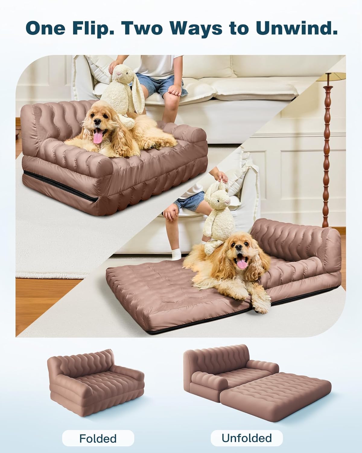 Orthopedic Memory Foam Dog Sofa Bed, Foldable Pet Couch Bed, Cooling Fabri & Removeable Cover, Beige,30"x40"x16"