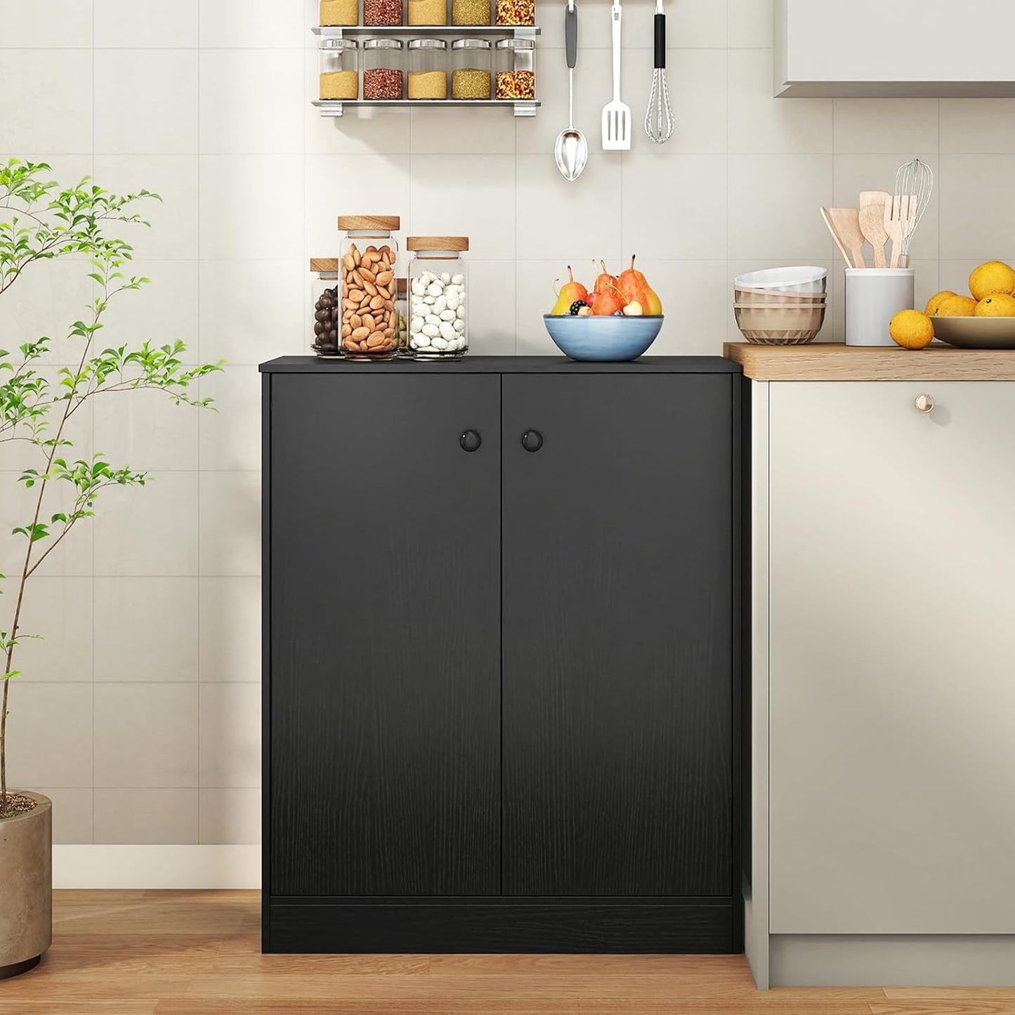 Giantex 2 Door Storage Base Cabinet - Freestanding Floor Cabinet with 3-Tier Shelf, Non-Slip Foot Pads, Kitchen Cupboard Storage Organizer for Living Room, Hallway, Entryway, Office (Black)