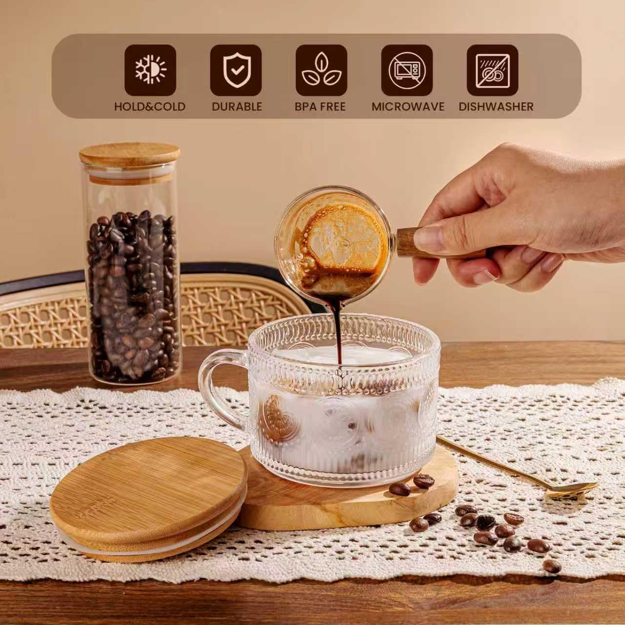 6 PACK Vintage Glass Coffee Mugs 14oz Clear Embossed Tea Cup Set with Bamboo Lids and Gold Spoons,Yogurt Bowl,kitchen gifts for women