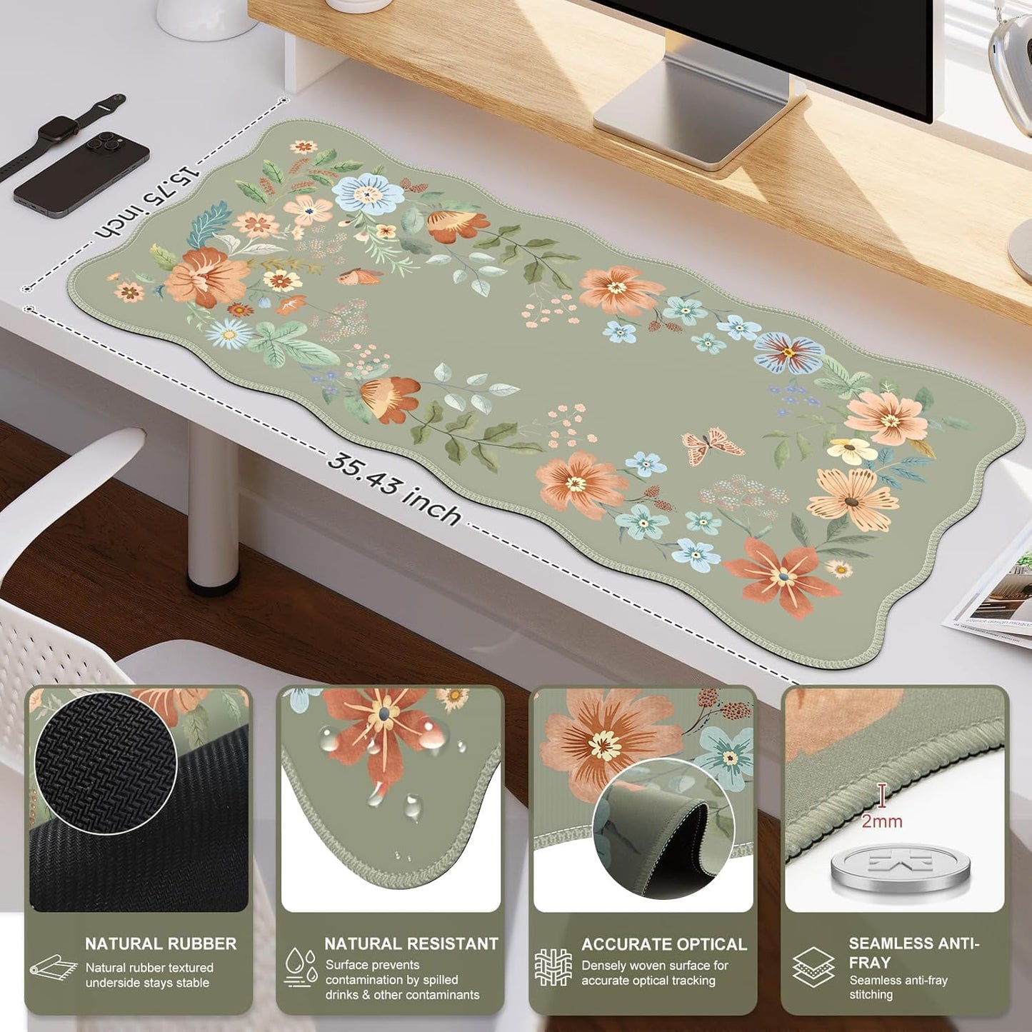 iCasso Scalloped Desk Mat for Keyboard and Mouse, Scalloped Large Mouse Pad, Floral Desk Pad Mat, Anti-Slip Big Mousepad with Stitched Edges for Computer (Bean Green)