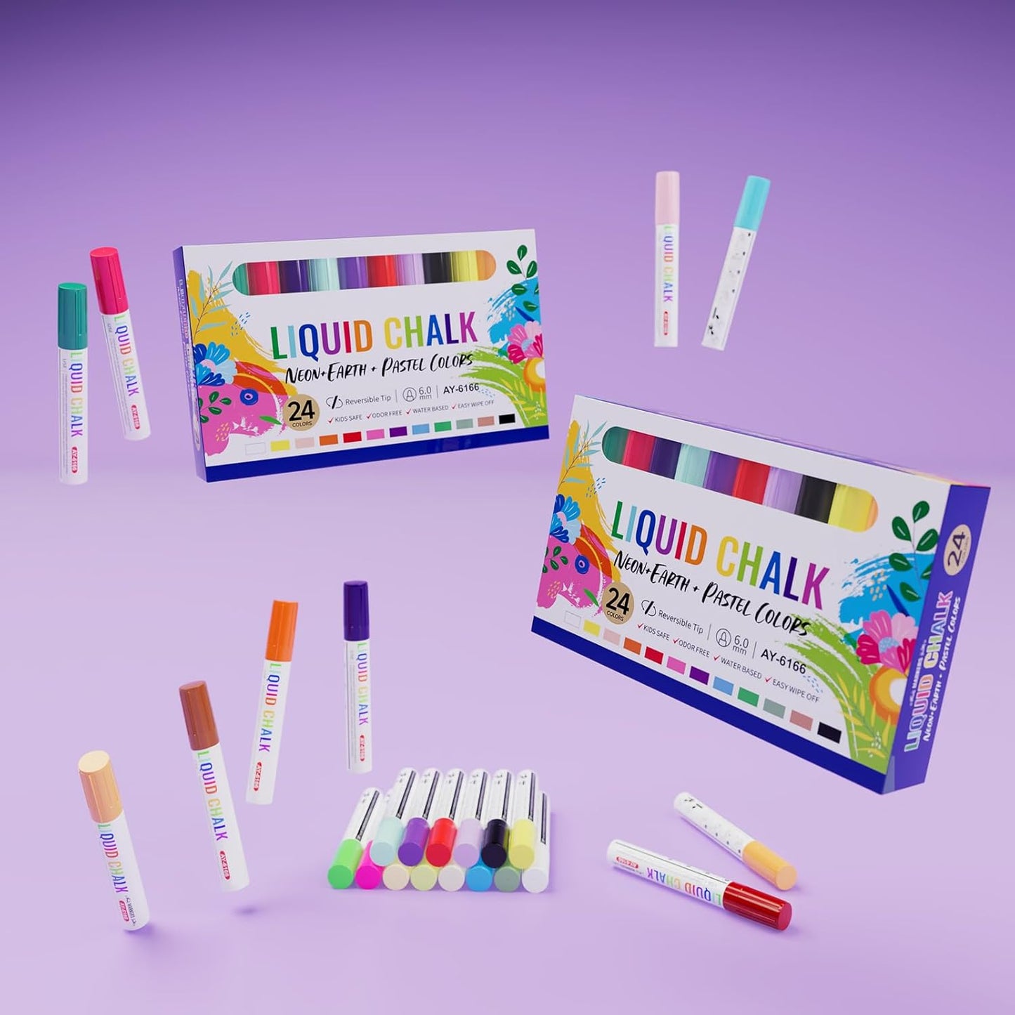 IJIANG Chalk Markers (Neon+Pastel) 24 Colors Erasable with Bullet/Chisel Reversible Tips, Liquid Drawing Chalk Pens for Blackboard, Chalkboard, Whiteboard, Calendar, Cars, Window, Glass, Mirror