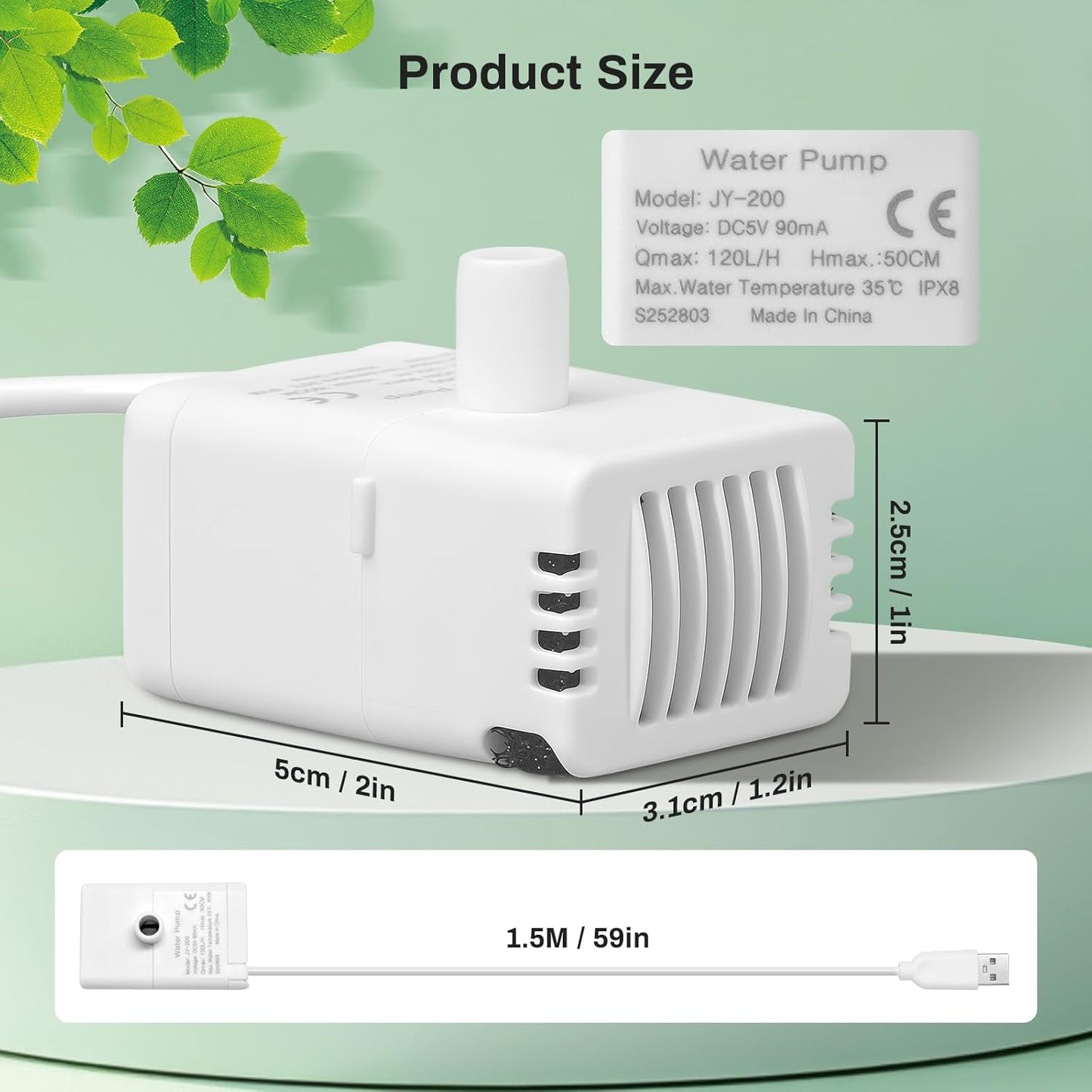 Cat Water Fountain Pump, JY-200S Replacement Pump for Stainless Steel Pet Fountain Adjustable Water Flow Dispenser, Ultra Quiet Pump with Submersible Motor for Dog Drinking Bowl, Low Consumption