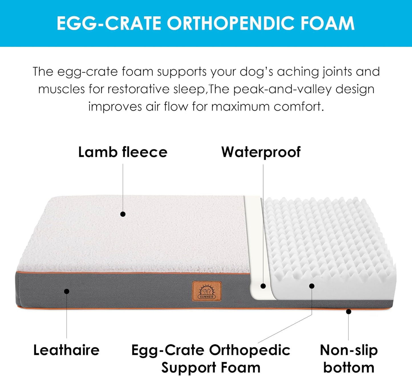 Orthopedic Dog Bed for Large Dogs - Big Waterproof Dog Crate Bed with Removable Washable Cover, Egg Crate Foam Support, Anti-Slip Bottom, Deluxe Plush Pet Bed Mat (Light Grey)