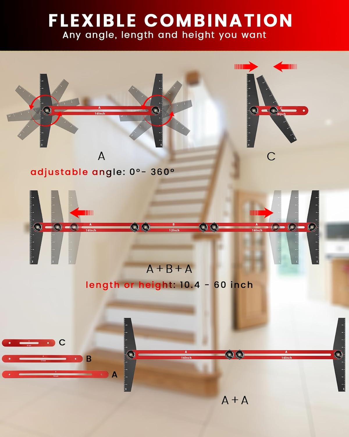 TANYO Stair Tread Template Tool, 8" to 60" Aluminum Stair Tread Jig for Accurately Measuring Angle, Length & Depth. Precision Stair Gauge Measuring Tool for Stairs, Floor, Cabinets