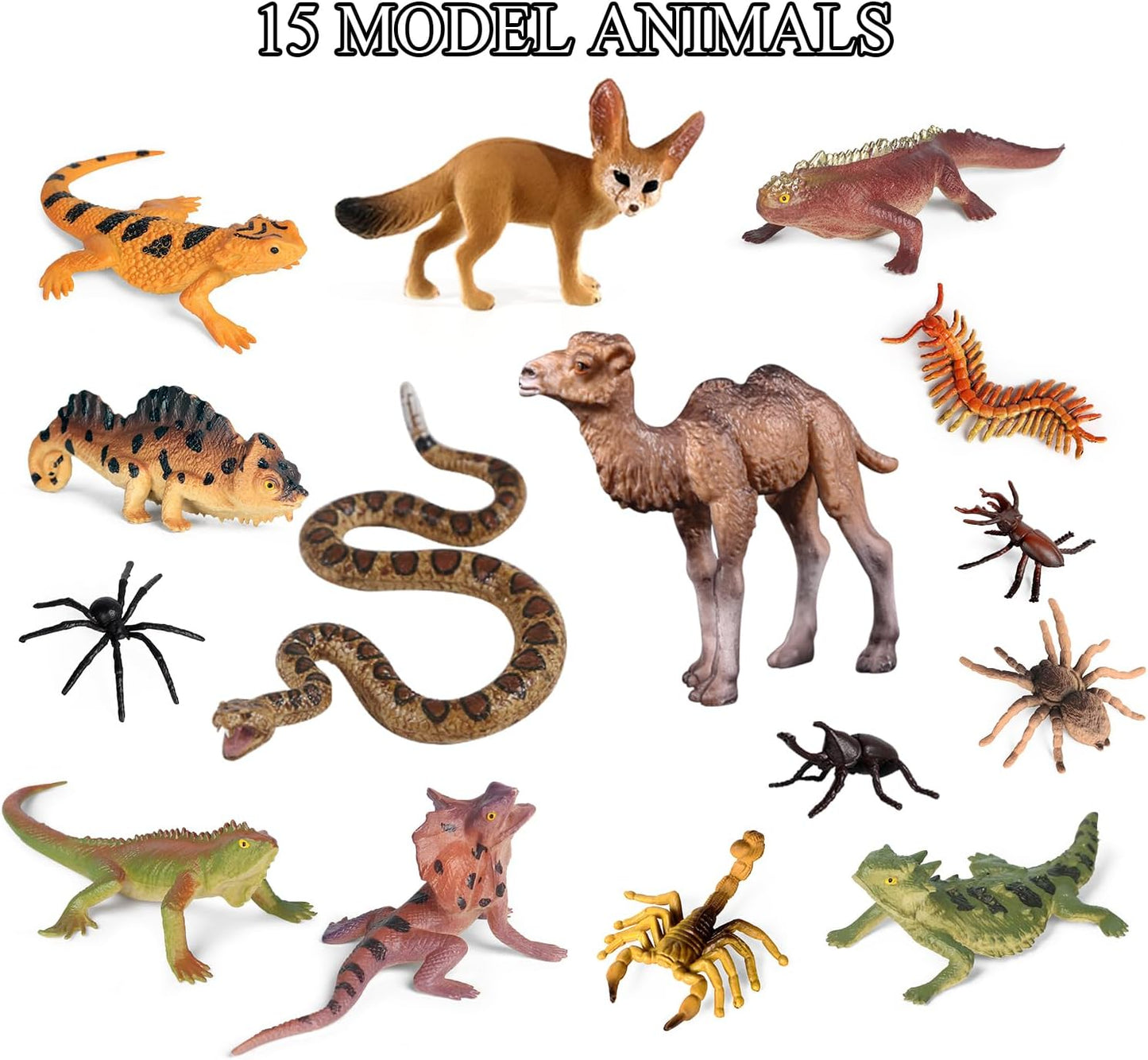 SIENON 32Pcs Desert Animal Figures Playset Model Trees Cactus Kit Diorama Project with Camel Fennec Fox Rattlesnake Scorpion Lizard Reptile Toy for Kids Birthday Cake Toppers Party Decorations