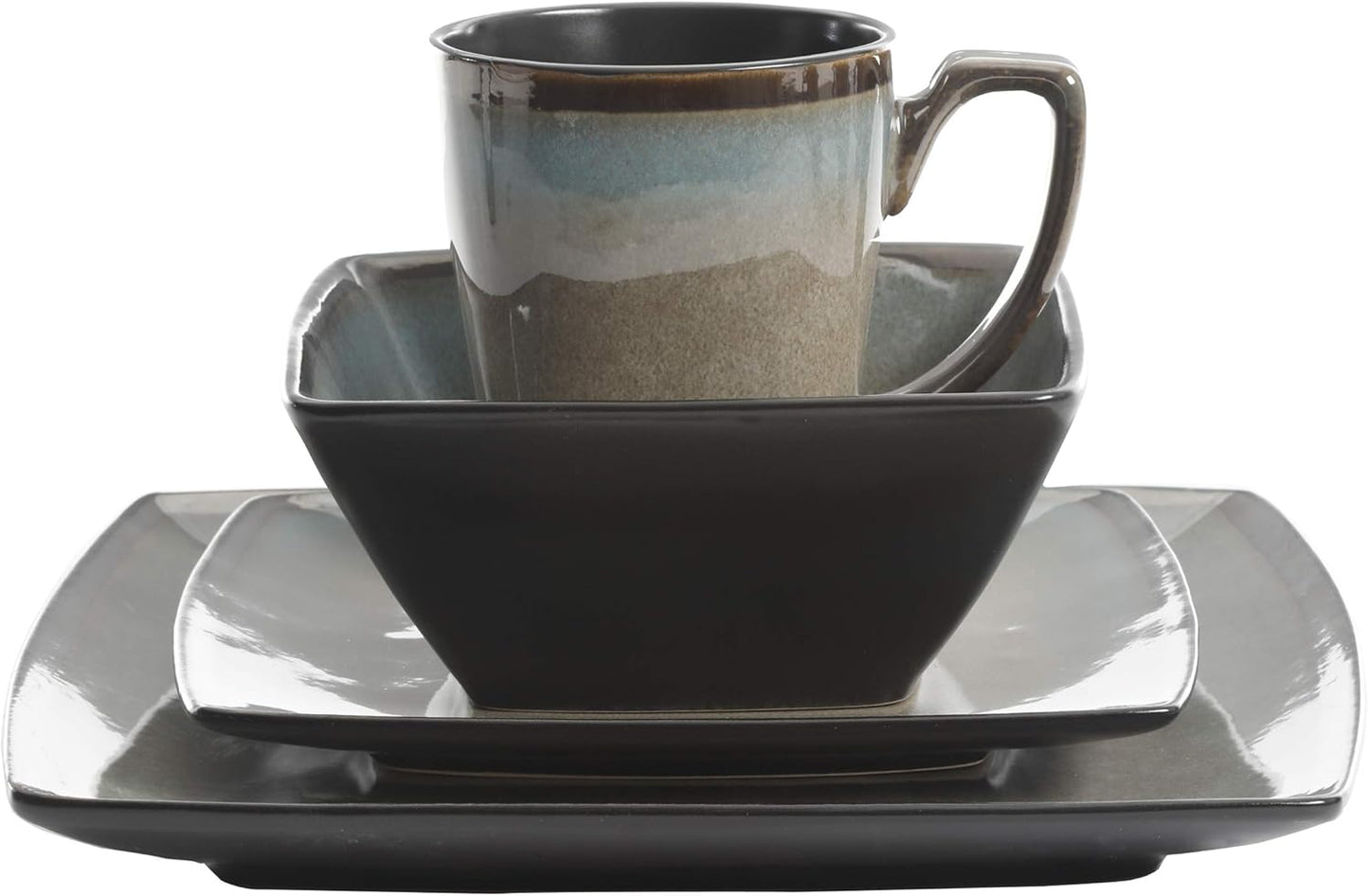 Gibson Elite Tequesta Square Reactive Glaze Stoneware Plates and Bowls Dishes Dinnerware Set, Service for 4 (16pcs), Taupe