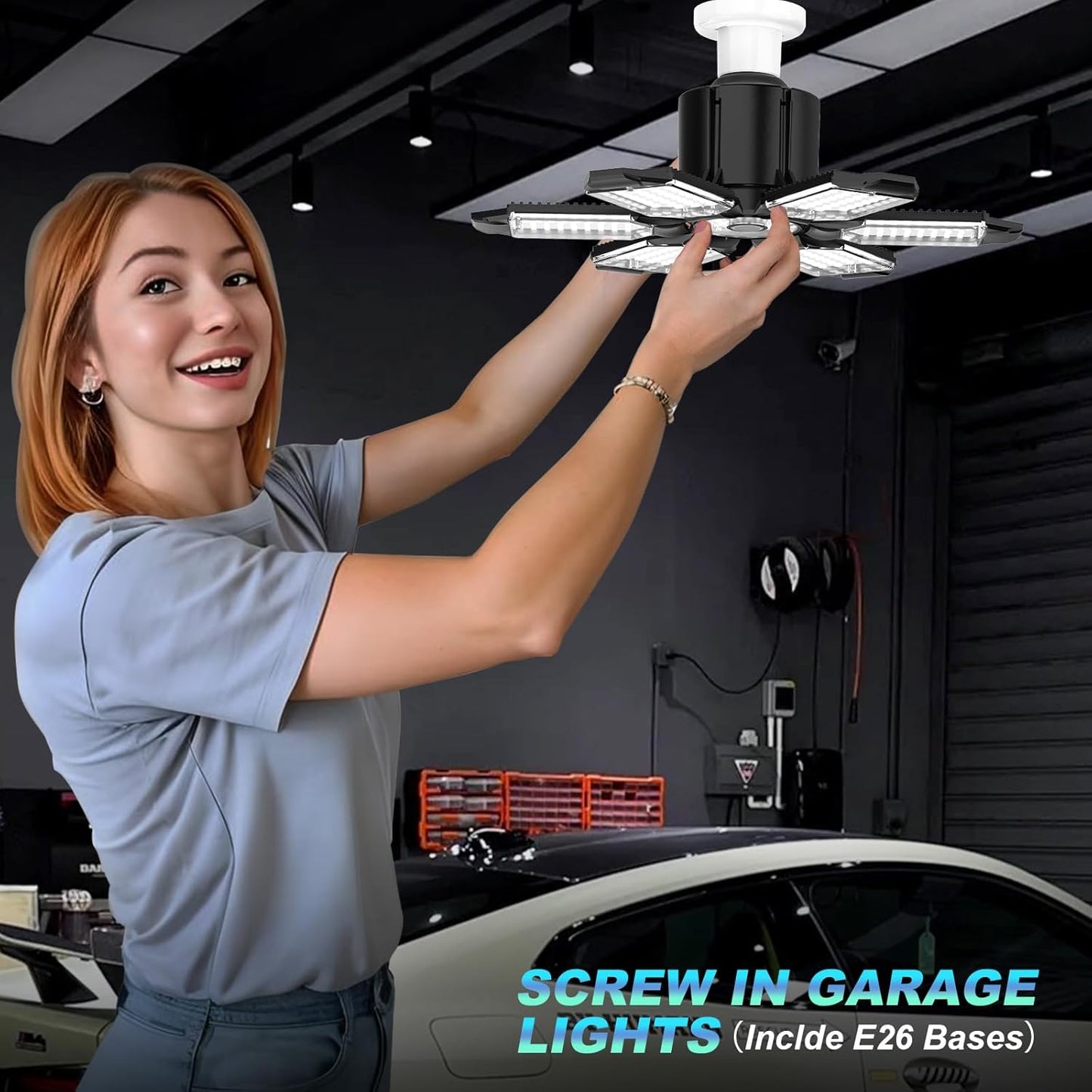 Led Garage Lights 8 Pack 200W Super Bright Ceiling Led Shop Lights, E26/E27 Base, 6500K, 22000LM Deformable Garage Light Ideal for Basement, Attic and Workshop Commercial Bay Lighting