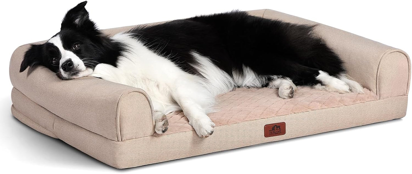 Hollypet Orthopedic Dog Bed for Large Dogs, Supportive Foam Dog Pet Couch with Removable Washable Cover and Non-Slip Bottom, Waterproof Lining Pet Sofa Bed, Khaki, L (36 * 26 * 8)