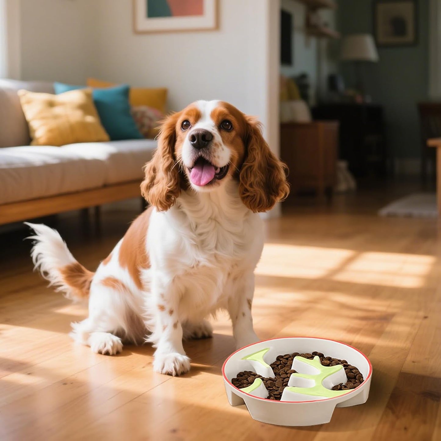 Ceramic Slow Feeder Dog Bowl - Portion Control Feeding Bowl for Medium Dogs - Cute Maze Food Dish for Fast Eaters - 3.1 Cups (310 g) - Doodle Series (Strawberry)