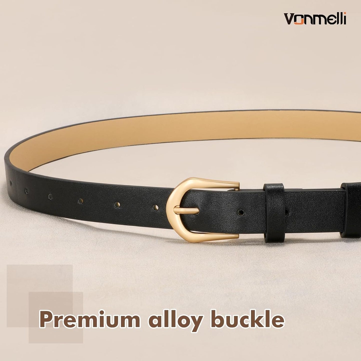 VONMELLI 4 Pack Womens Thin Leather Belt Skinny Waist Belts for Women Fashion Jeans Dress with Gold Buckle