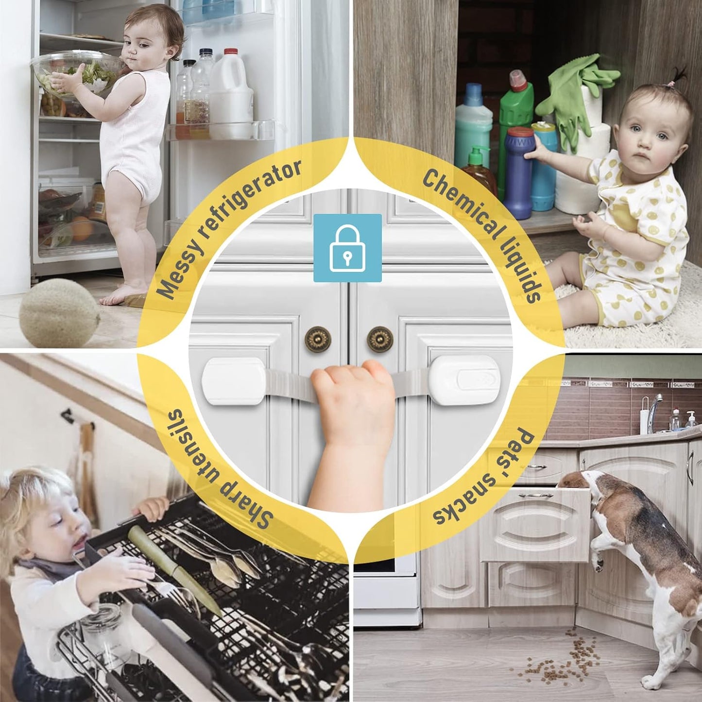 4our Kiddies 14 Pack Child Proof Cabinet Locks for Baby Proofing, Baby Proof Drawer Locks for Kids, Child Safety, Adjustable Child Locks for Cabinet and Drawers with 12 Extra 3M Adhesives, No Drilling