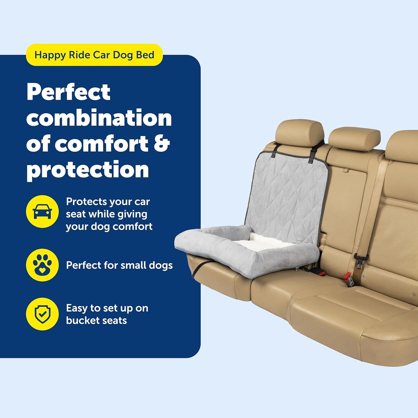 PetSafe Happy Ride Car Dog Bed - Best for Bucket Seats - Fits Cars, Trucks, Minivans and SUVs - Comfortable and Machine Washable - Durable Vehicle Pet Bed - Grey