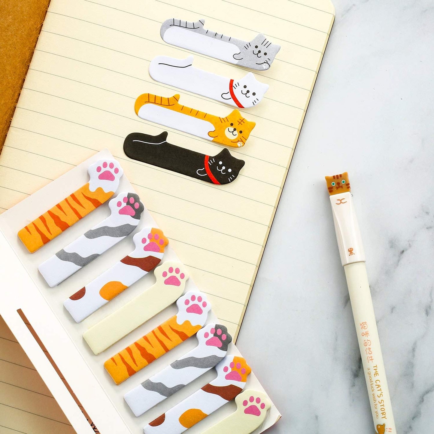 Outus 14 Sets Cute Cat Pens Stationary Set, 12 Pcs 0.5mm Cat Design Gel Pens and 320 Pcs Kawaii Sticky Notes Page Bookmarks Tab for Kitten Lovers Kids Women Office School Classroom Supplies