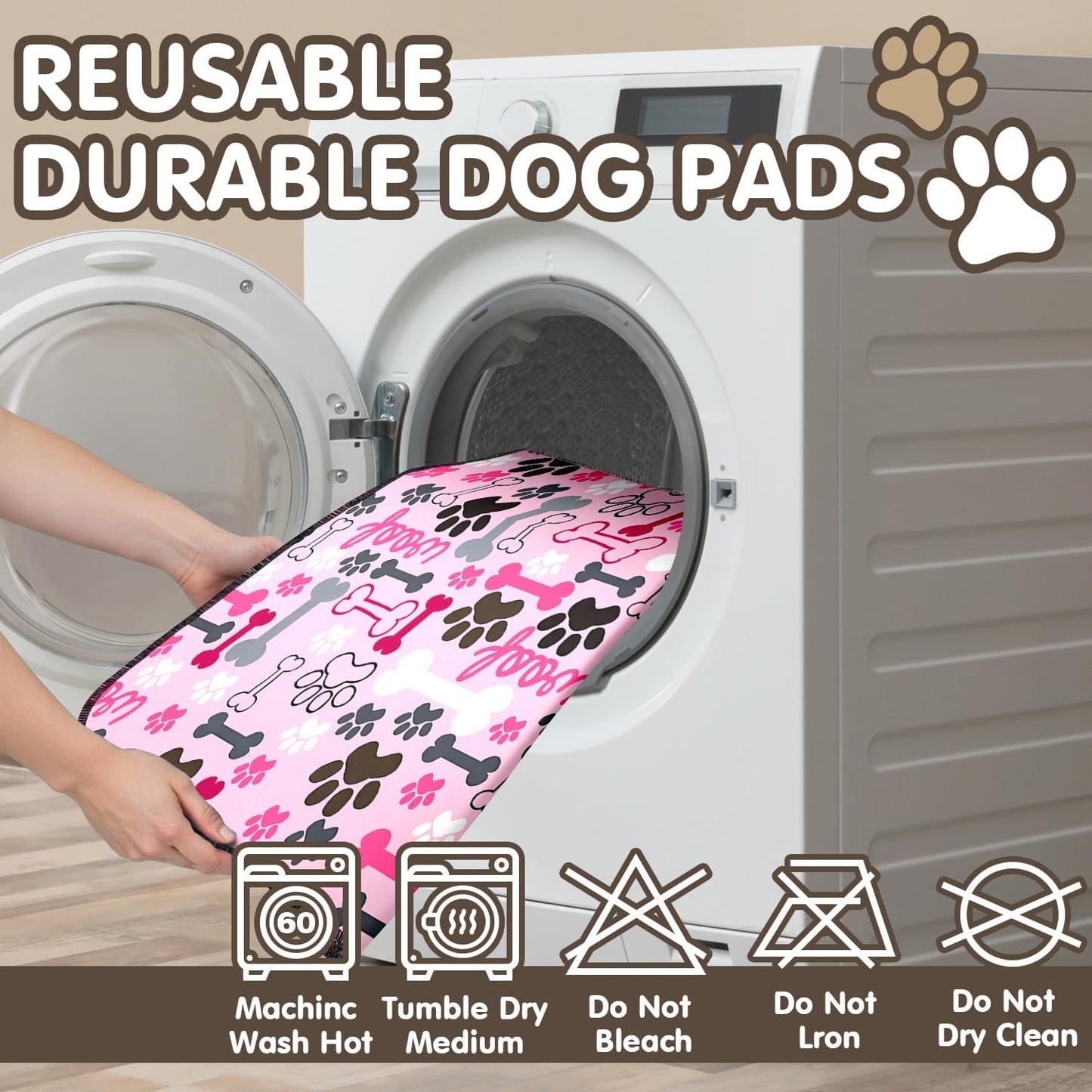 2PC Reusable Potty Pads for Dog-Washable Pee Pads for Floors/Couch/Bed and Crates-with Pink Dogs Paw Pattern Non-Slip Potty Pads for Training 36"x24"