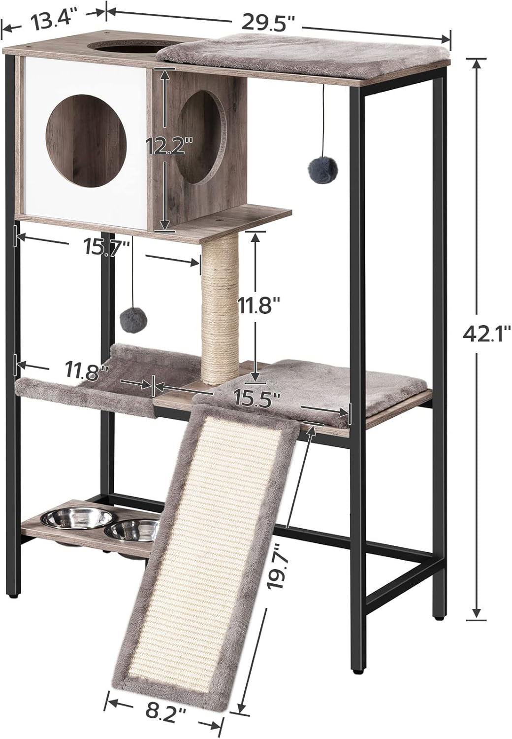 HOOBRO Wooden Cat Tree, Versatile Cat Tower with Scratching Post, Cat Hammock and Food Bowls, 4-Tier Pet House for Indoor Cats, Multi-Cat Families, Greige BG34MZ03