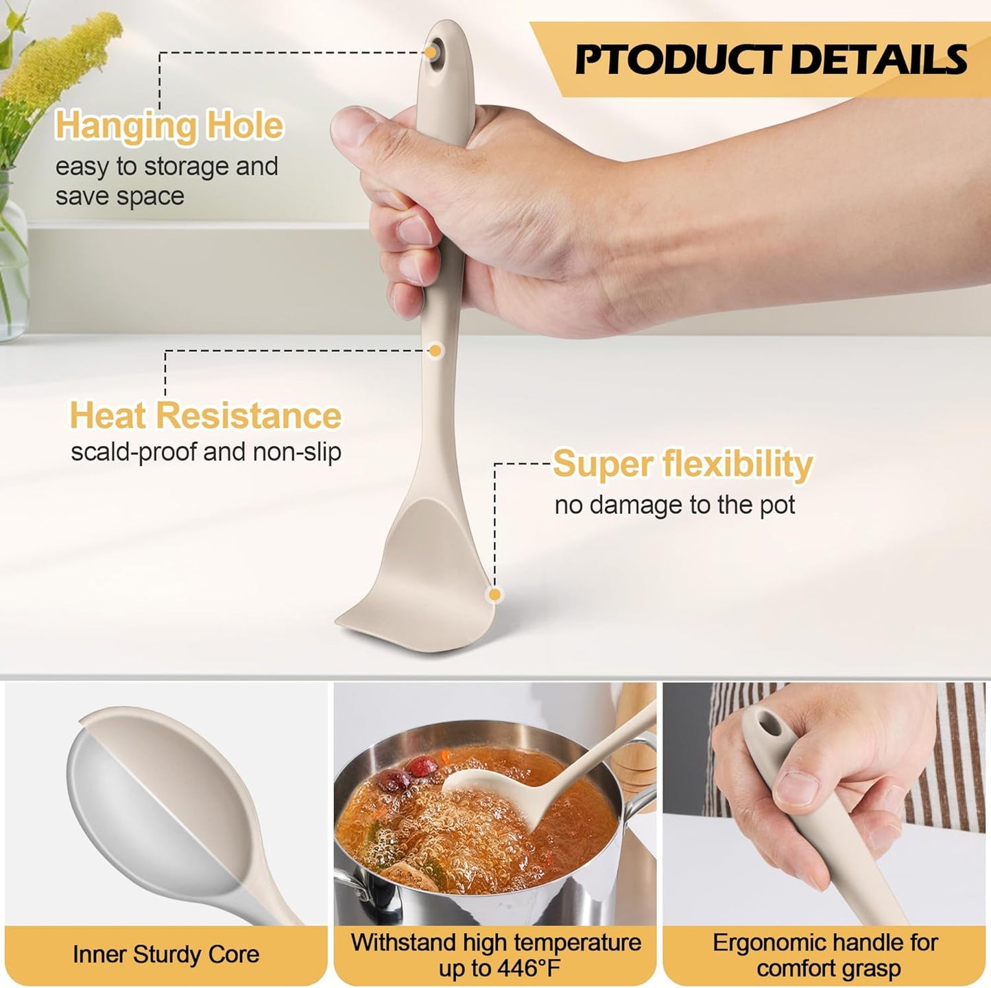 15-Piece Kitchen Cooking Utensils Set with Holder, Homikit Heat Resistant Food Grade Silicone Kitchen Utensils include Slotted Spatula Ladle Turner for Nonstick Cookware, Dishwasher Safe- Khaki