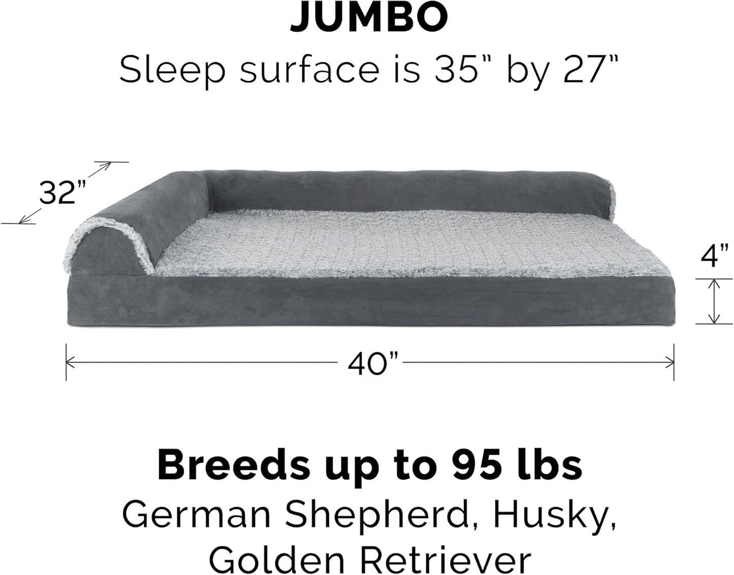 FurHaven Orthopedic Dog Bed & goDog Toy - Squeaky Plush Monkey with Moving Arms and Chew Guard Technology for Large Dogs - Two-Tone Plush Faux Fur & Suede L Shaped Chaise - Stone Gray, Jumbo/XL