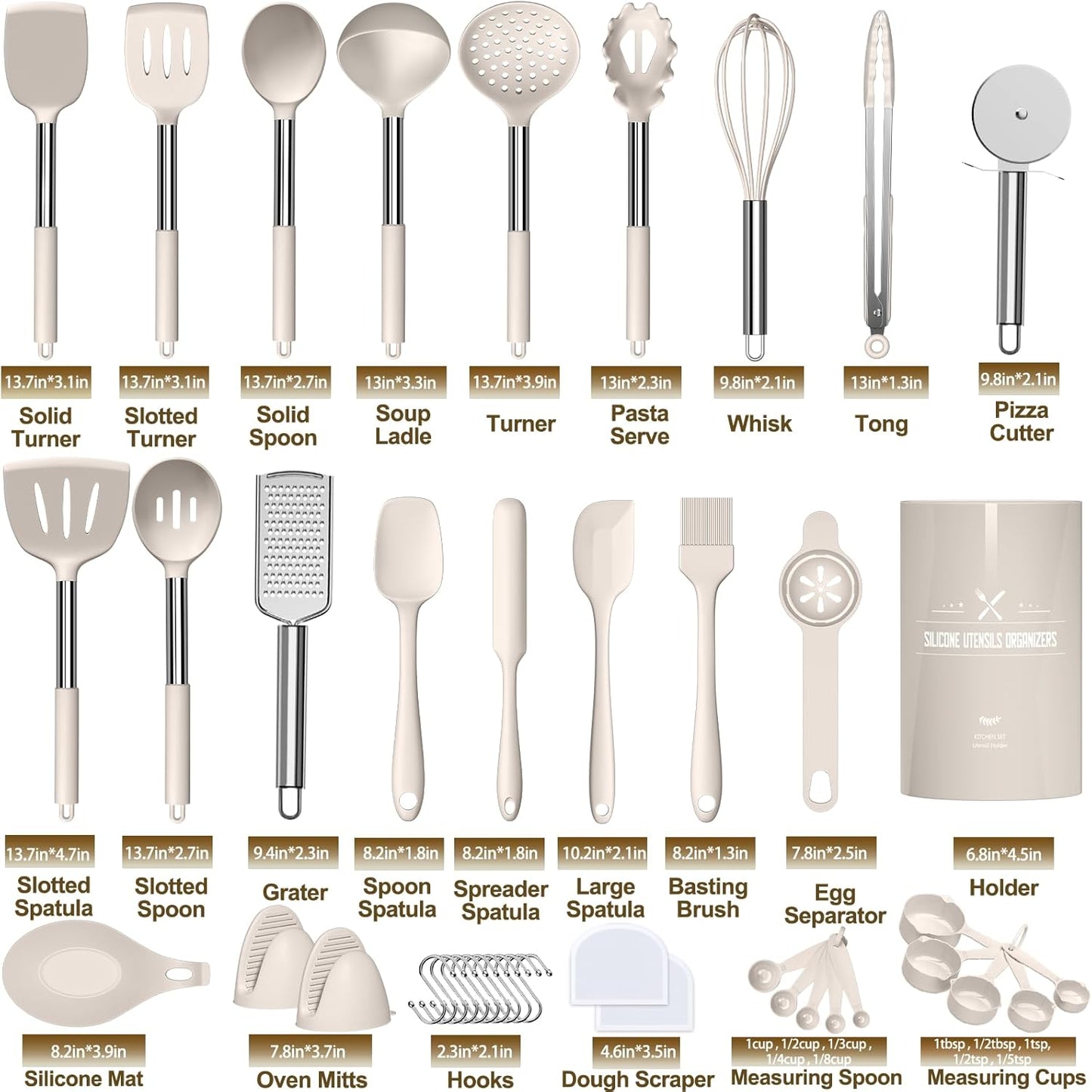 Umite Chef Silicone Kitchen Cooking Utensil Set, 43 pcs Spatula Set with Stainless Steel Handle, Non-stick Heat Resistant - Best Cookware Set-(Khaki)