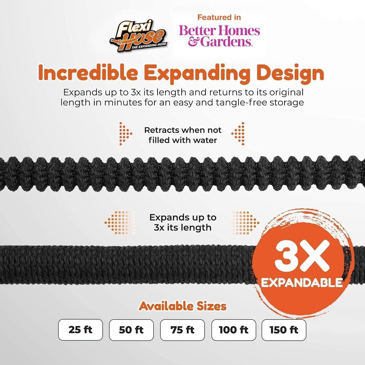 Flexi Hose Plus Expandable Garden Hose with 8 Function Nozzle, 50FT - Lightweight Retractable Garden Hose, Water Hose - No-Kink Flexibility, 3/4 Inch Solid Brass Fittings Includes Hook & Bag