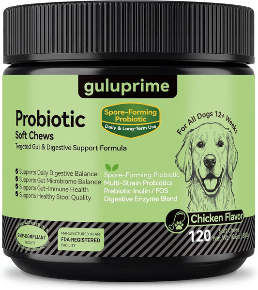Probiotic Soft Chews for Dogs – Daily Gut & Digestive Support, Spore-Forming Probiotic with Multi-Strain Lactobacillus, Prebiotic Inulin/FOS, Chicken Flavor, 120 Chews