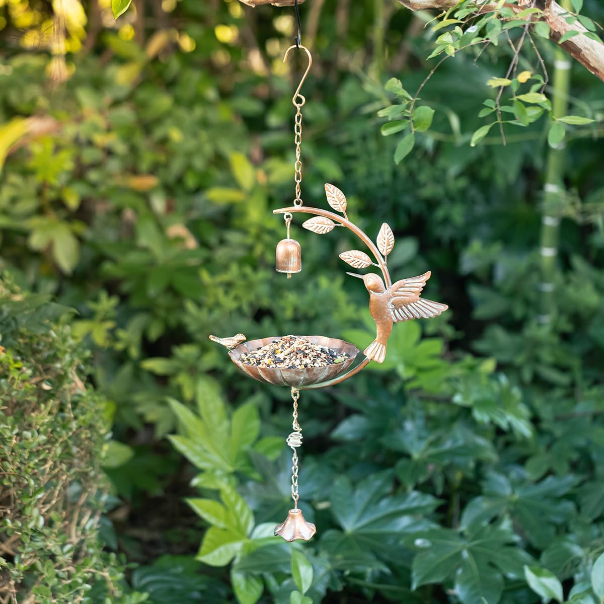 Glitzhome 25" H Metal Wild Bird Feeder, Faux Copper Patina Finish Hummingbird Hanging Birdfeeder - Attract Wild Birds for Garden Deck Yard Backyard Porch Decor