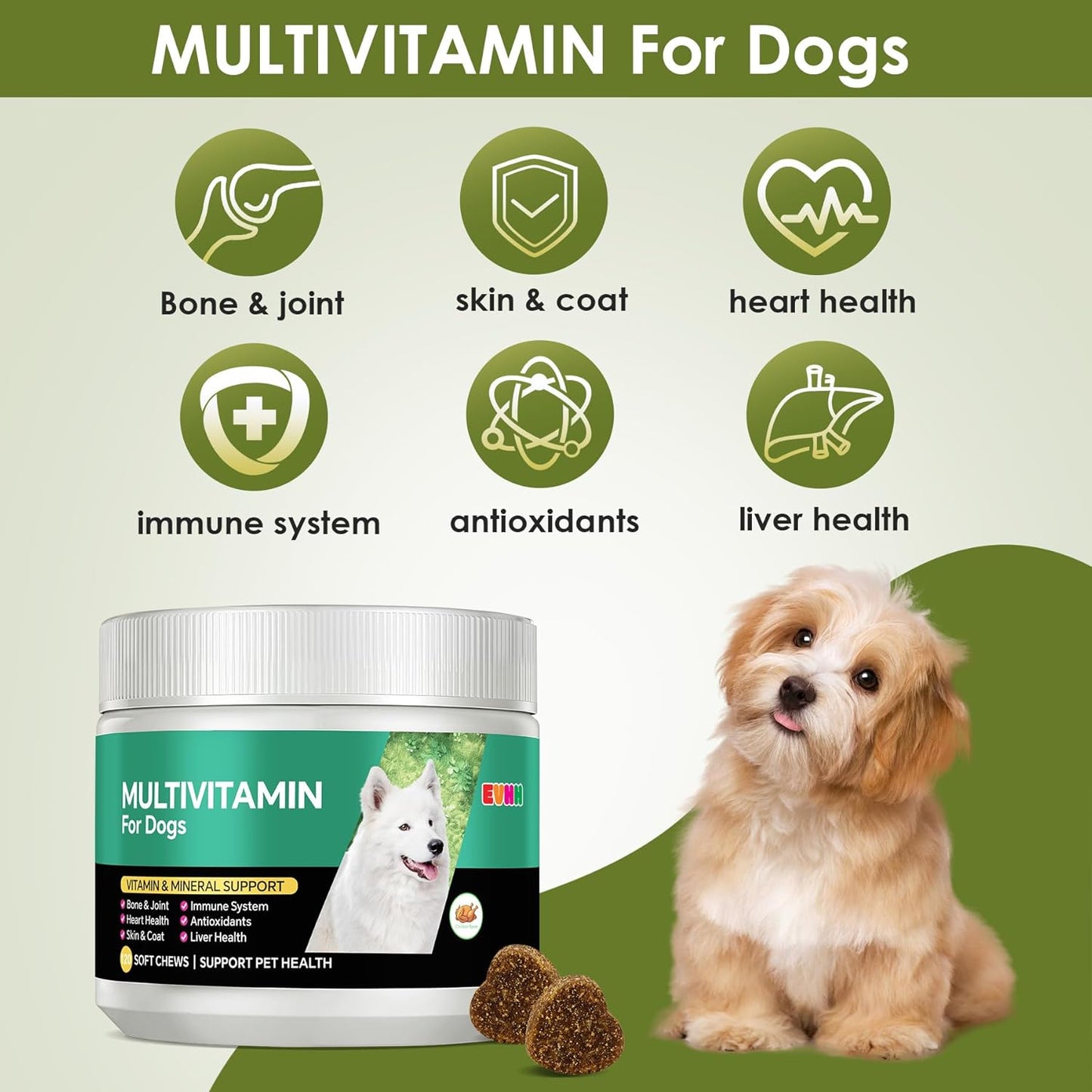 Multivitamin for Dogs，Dog Multivitamin Chews with Essential Vitamins & Minerals - Skin & Coat Health, Immune Support, Heart & Liver Care, Chicken Flavor, 120 Count
