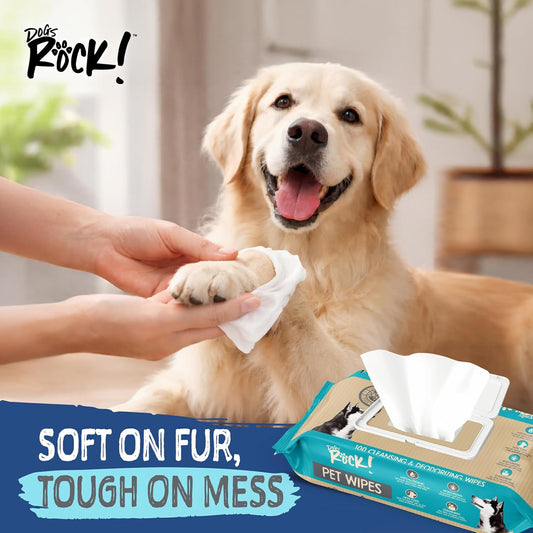 Dogs Rock! Pet Wipes for Dogs – 100 Count Hypoallergenic Dog Wipes for Paws, Face, Ears & Body – Unscented, Alcohol-Free, Thick & Gentle with Aloe
