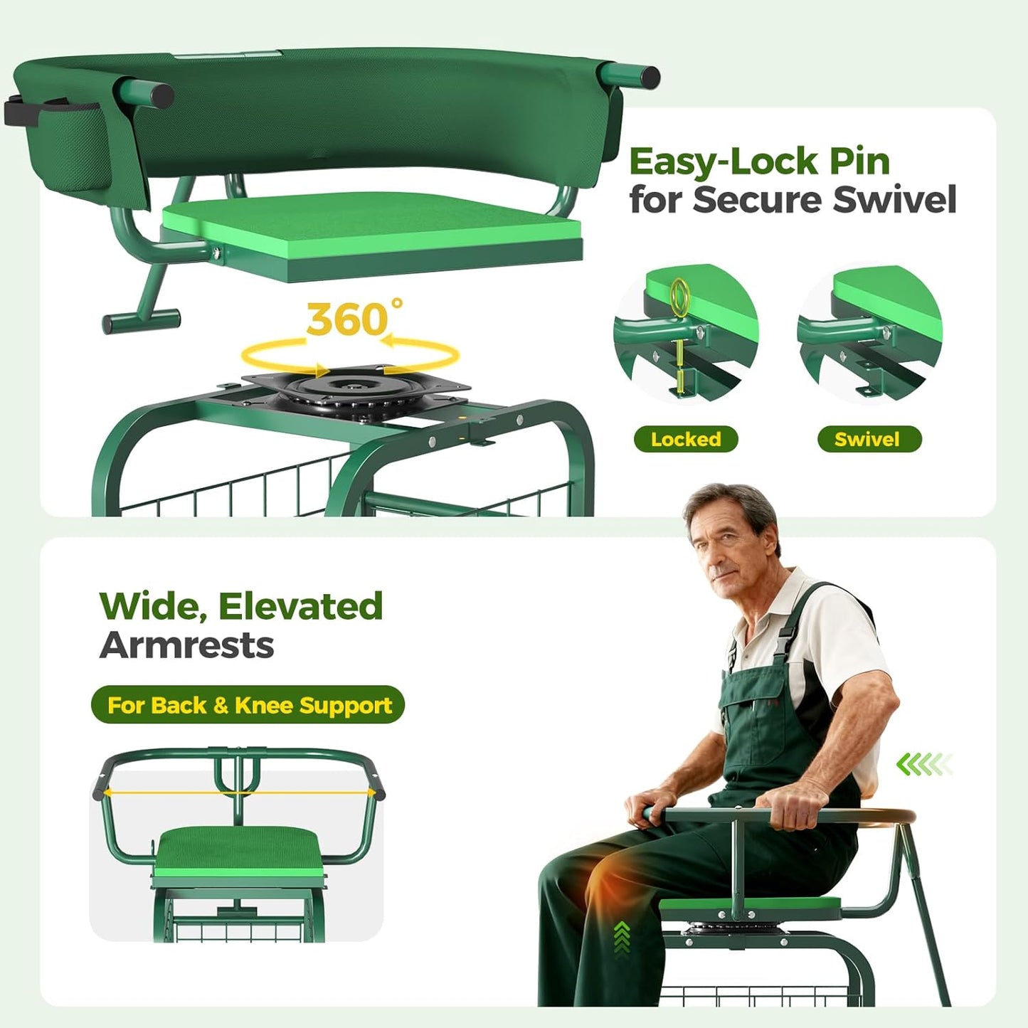 Suntee Garden Seat with Wheels, Rolling Gardening Stool with 360° Swivel Seat & Backrest,Tool Storage Basket & Back Tool Pouch, Adjustable Handle, Outdoor Gardening Scooter, Garden Cart for Seniors