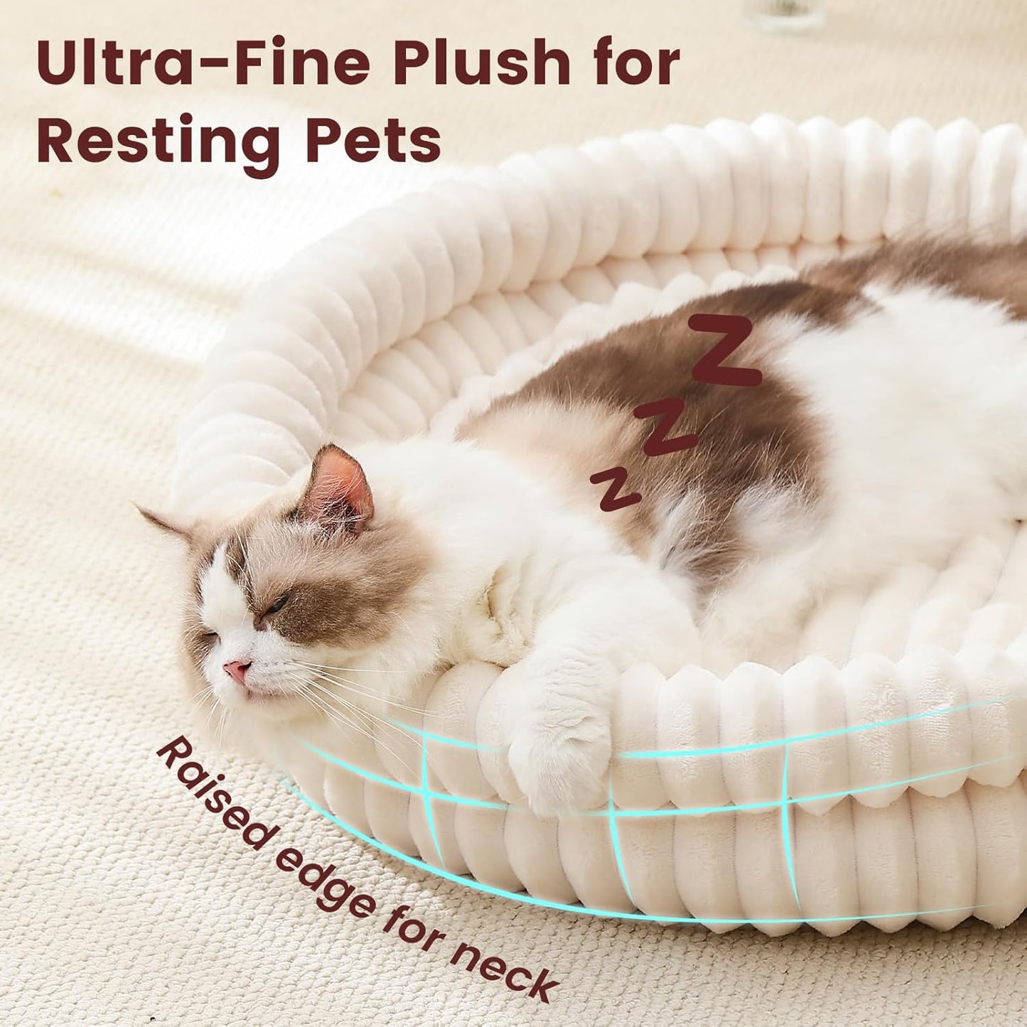 Cat Beds for Indoor Cats, Machine Washable Orthopedic Donut Dog Bed for Small Dogs, Fluffy Round Pet Bed with Anti-Slip Bottom for Puppy and Kitten, White, 20"x20"x6.5"