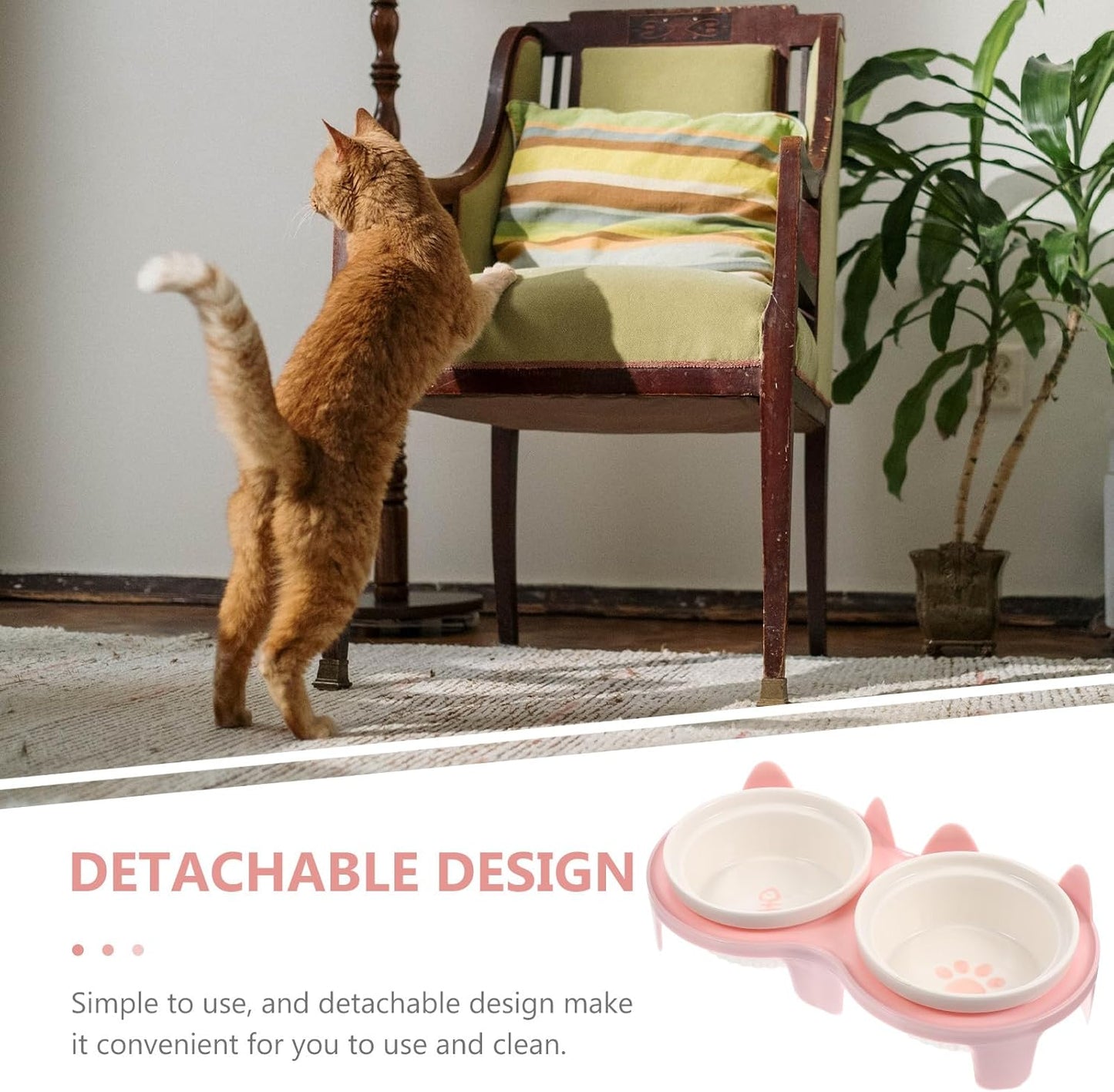 Milisten Ceramic Cat Feeding Bowl Set Raised Double Bowls Pink Thickened Non-Slip Elevated Pet Food and Water Dish for Indoor Cats