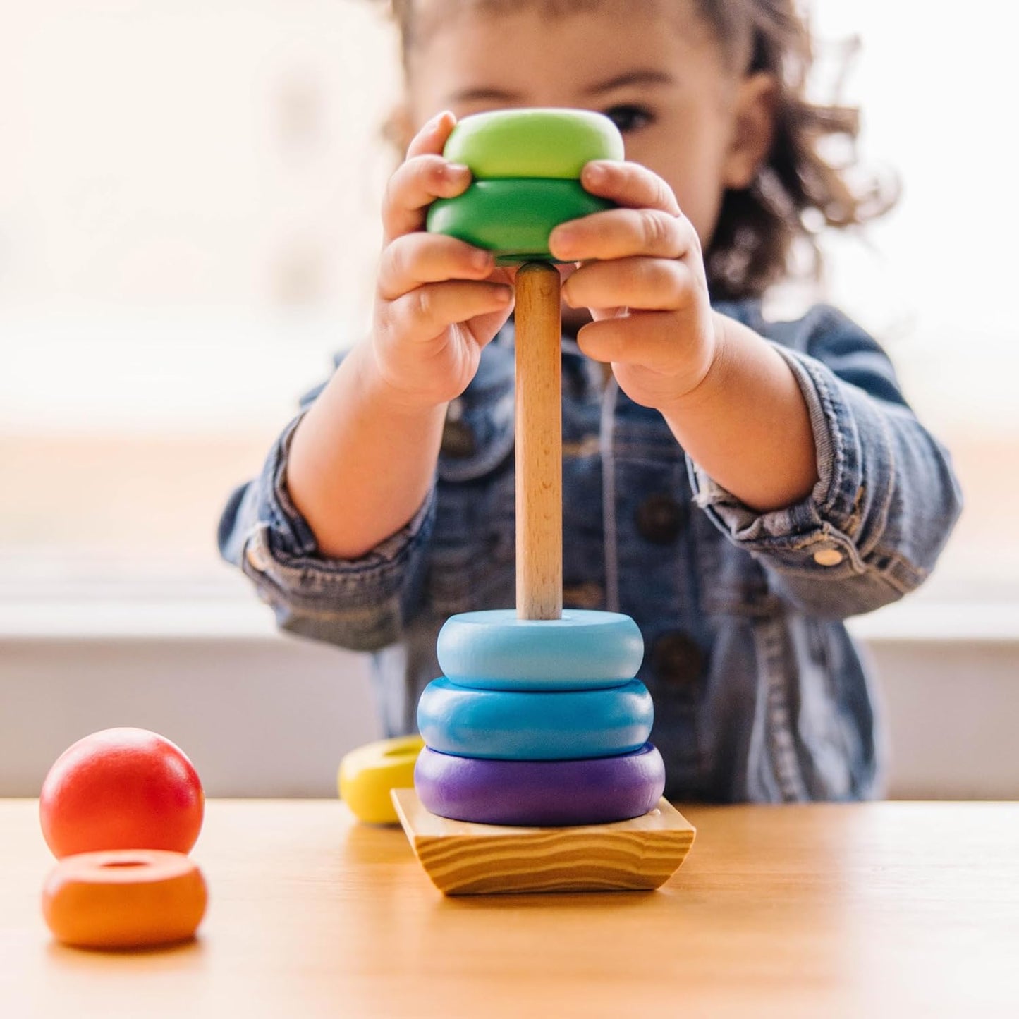 Melissa & Doug Rainbow Stacker Wooden Ring Educational Toy - Wooden Stacking Rings, Stacker Toys for Toddlers Ages 2+