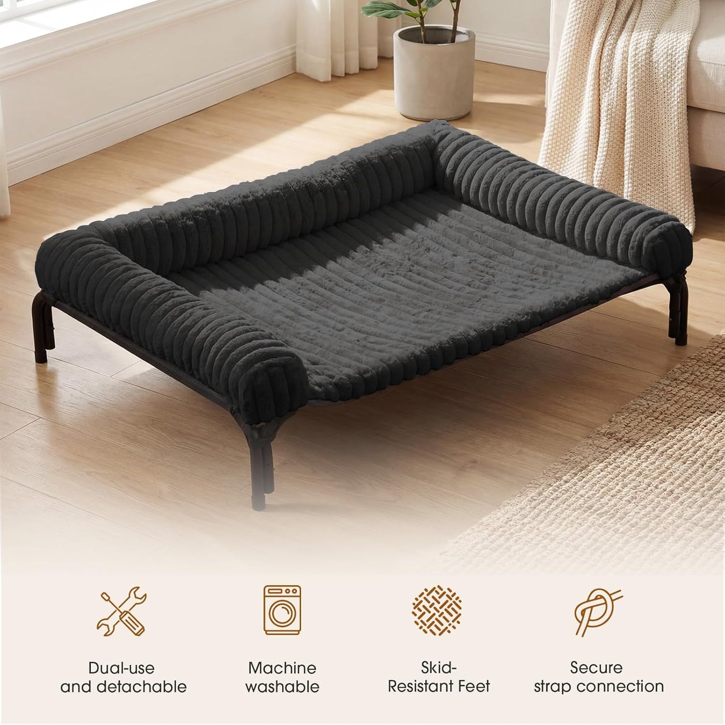 Elevated Dog Bed with Removable Bolster Cushion Mat, Raised Pet Cot for Large Sized Dogs with Breathable & Washable Mesh, Indoor & Outdoor Pet Hammock with Skid-Resistant Feet.