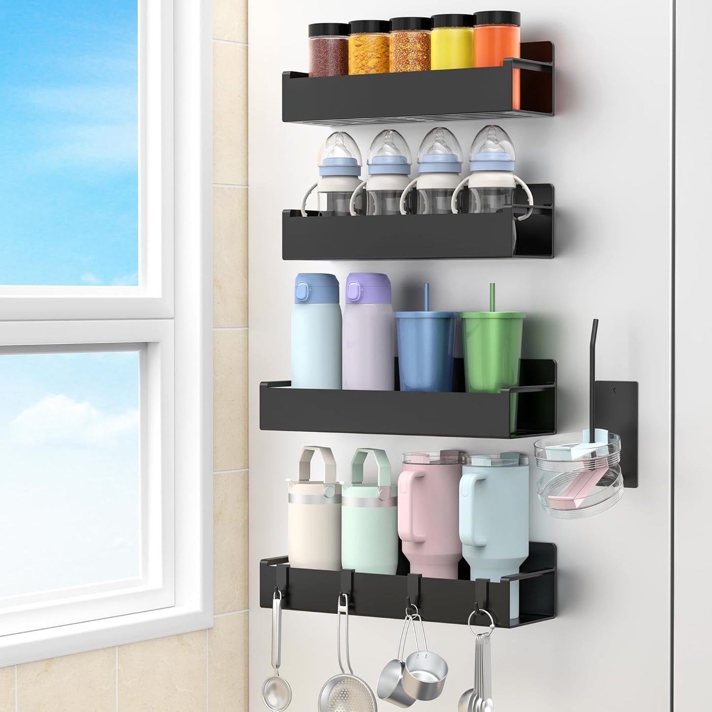 Magnetic Water Bottle Holder for Refrigerator, Cup Holder Organizer for Stanley and Tumbler for Kitchen, 4 Pack, Black
