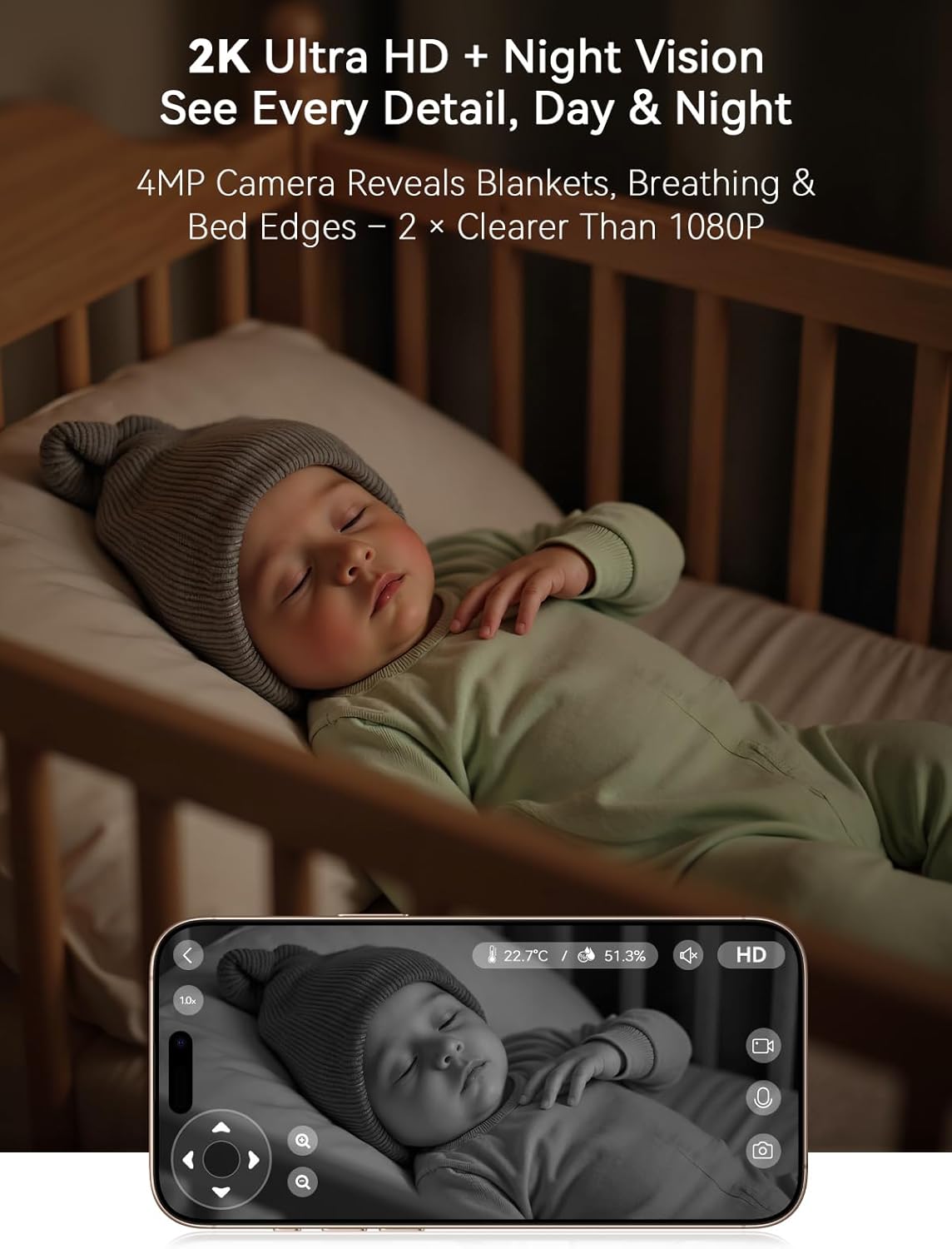 Outinput Baby Monitor with Camera and Audio, 2K 4MP Indoor Security Camera for Home, 360° PTZ, AI Crying & Feeding Alerts, Night Vision with Gentle Light, Soothing Lullabies, 2-Way Audio