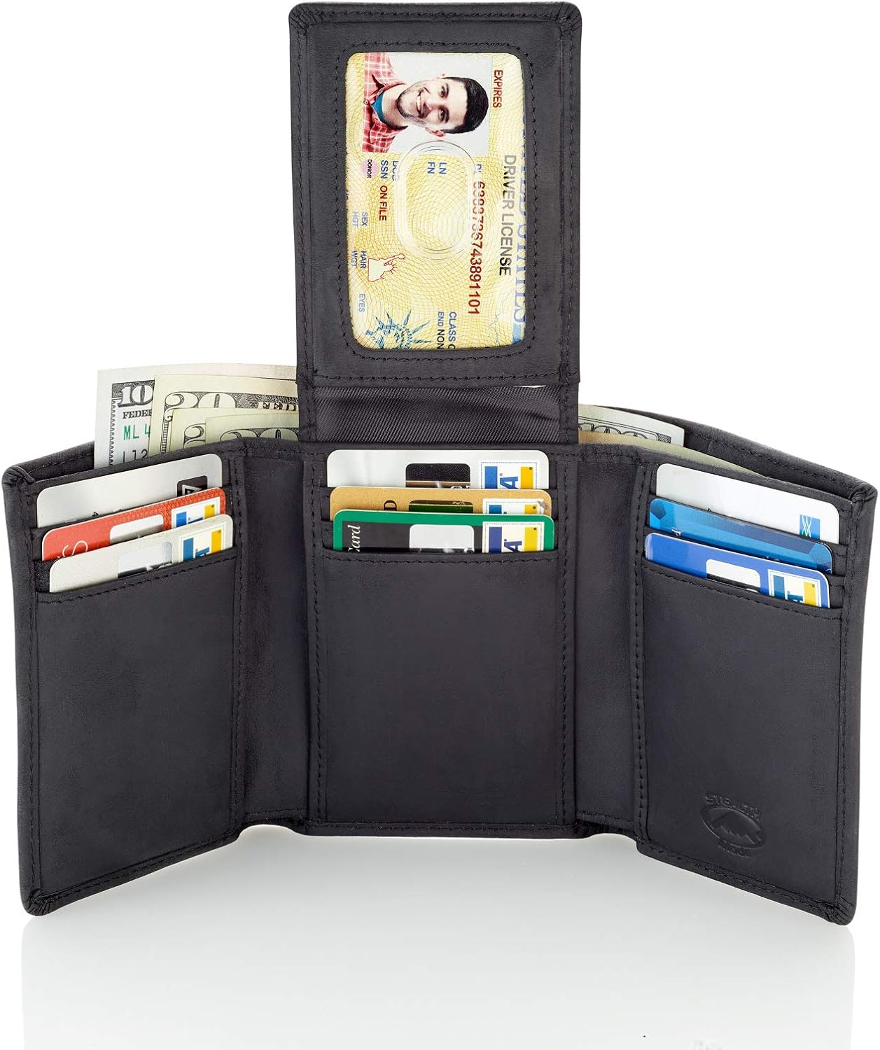 Stealth Mode Trifold Leather Wallet for Men with ID Holder and RFID Blocking (Black)