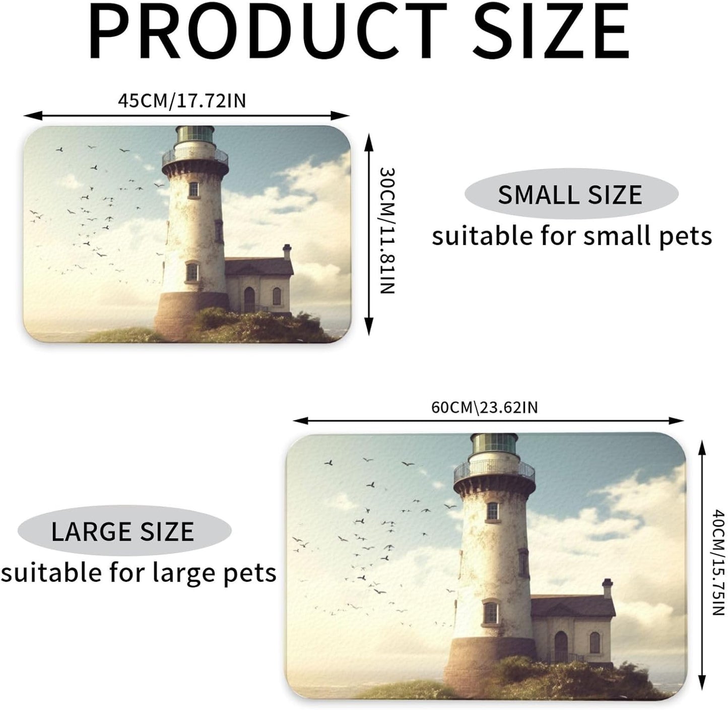 Old Lighthouse Pet Feeding Mat 40x60cm Absorbent Leather Dog Cat Food Mats Non-Slip Dog Bowl Mats for Food and Water, Quick Dry Pets Placemats for Cats and Dogs Water Bowl