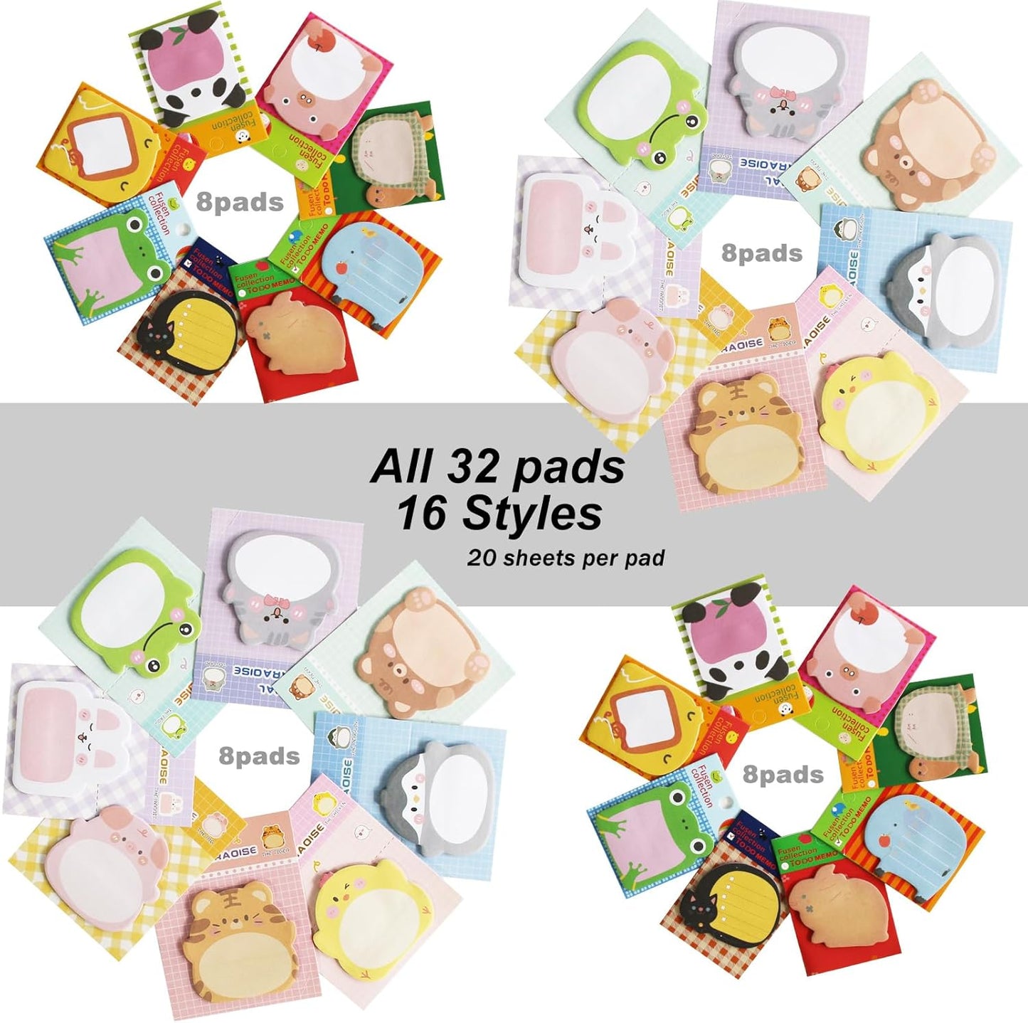 32 Pads Cute Sticky Notes, Animal Sticky Notes Self Adhesive Cartoon Notes Memo Pads Notes Page School Tab for School Office Supplies
