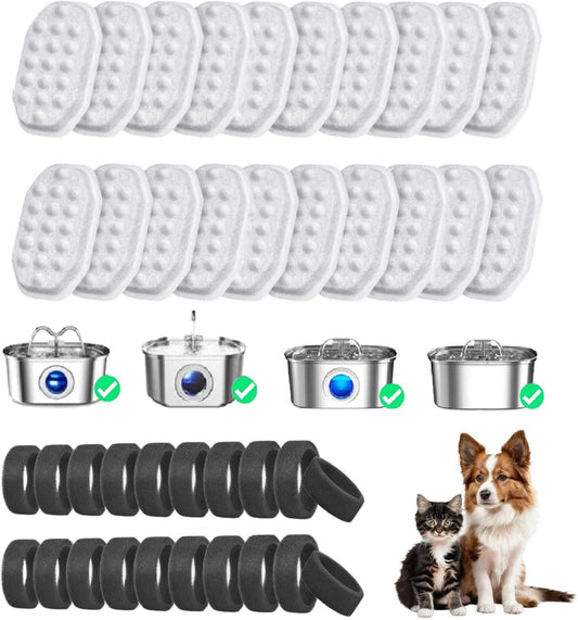 Lewtemi 40 Pack Cat Water Fountain Filter Pre-filter Sponges Set for Stainless Steel 3.2l/108oz 20 Pet Fountain Replacement Filters 20 Pre-filter Sponges for Cat Dog Water Fountains Filter Replacement