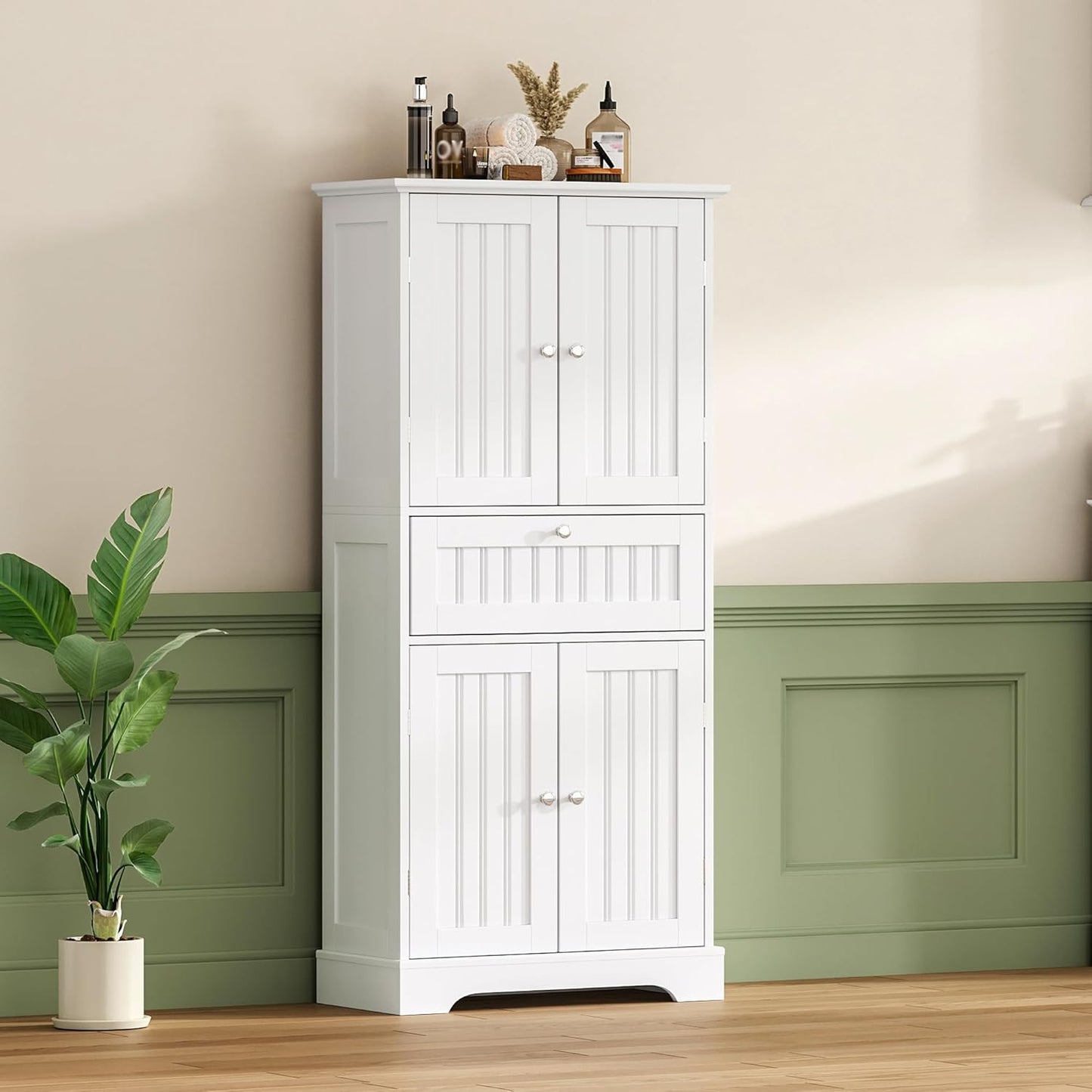 ChooChoo 51" H Tall Bathroom Floor Cabinet, Modern Bathroom Storage Cabinet with Drawer and Adjustable Shelves, Freestanding Kitchen Pantry Cupboard with 4 Doors for Living Room, White