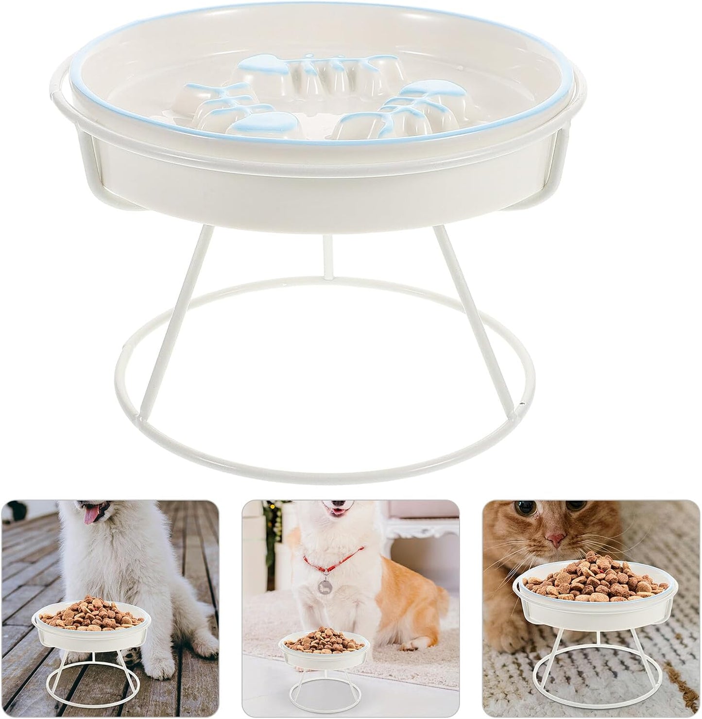 PRETYZOOM Ceramic Elevated Cat Slow Feeder Bowl with Stand, Anti-Choke Raised Pet Dish for Indoor Cats and Puppies, Blue Three-Fish and White Three-line Design