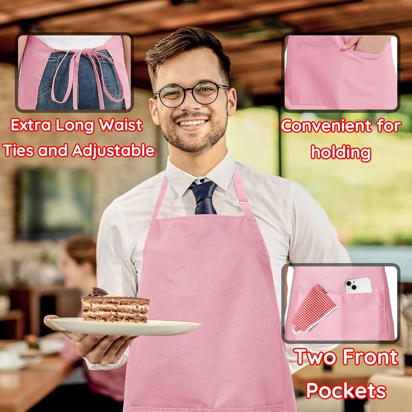 4 Packs Chef Apron with 2 Pockets, Waterproof Adjustable Apron for Men Women Perfect for Kitchen Cooking Baking Gardening Restaurant BBQ Coffee House, Professional Apron (Pink)