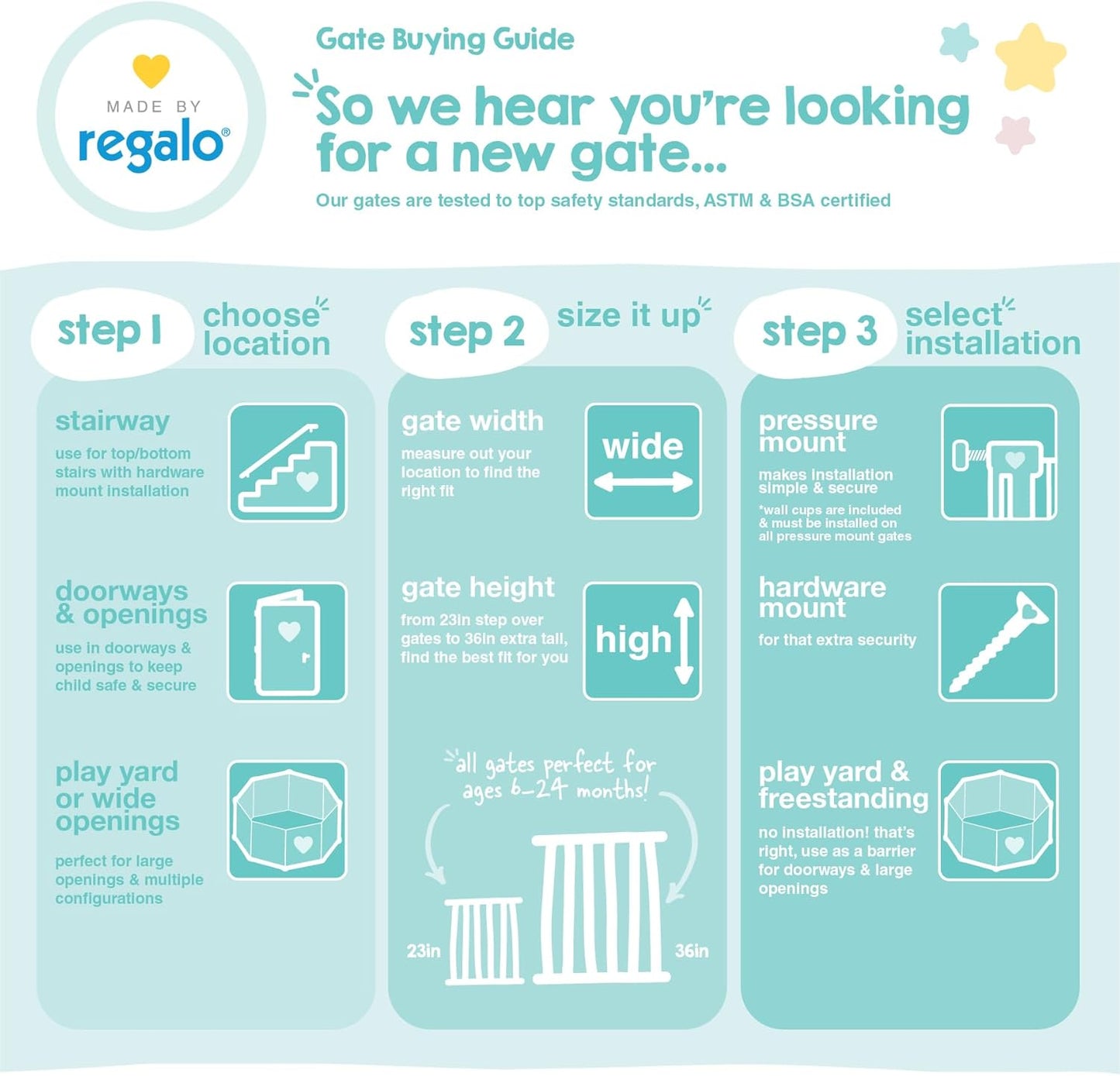 Regalo Safety 29-43" Top of Stairs Baby Gate, Extra Wide Baby Gate, Extra Wide Hardware Mounted Stair Gate with Banister & Wall Mount Kit, Walk-Through Safety Gate with Door for Toddlers & Pets