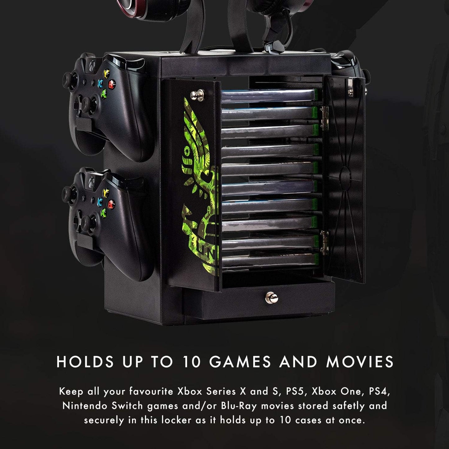 Numskull Official Halo Gaming Accessory Locker & Storage Stand – Holds 10 Games/DVDs, 4 Controllers, Headset, and Accessories – Durable & Compact Organizer – Official Halo Merchandise