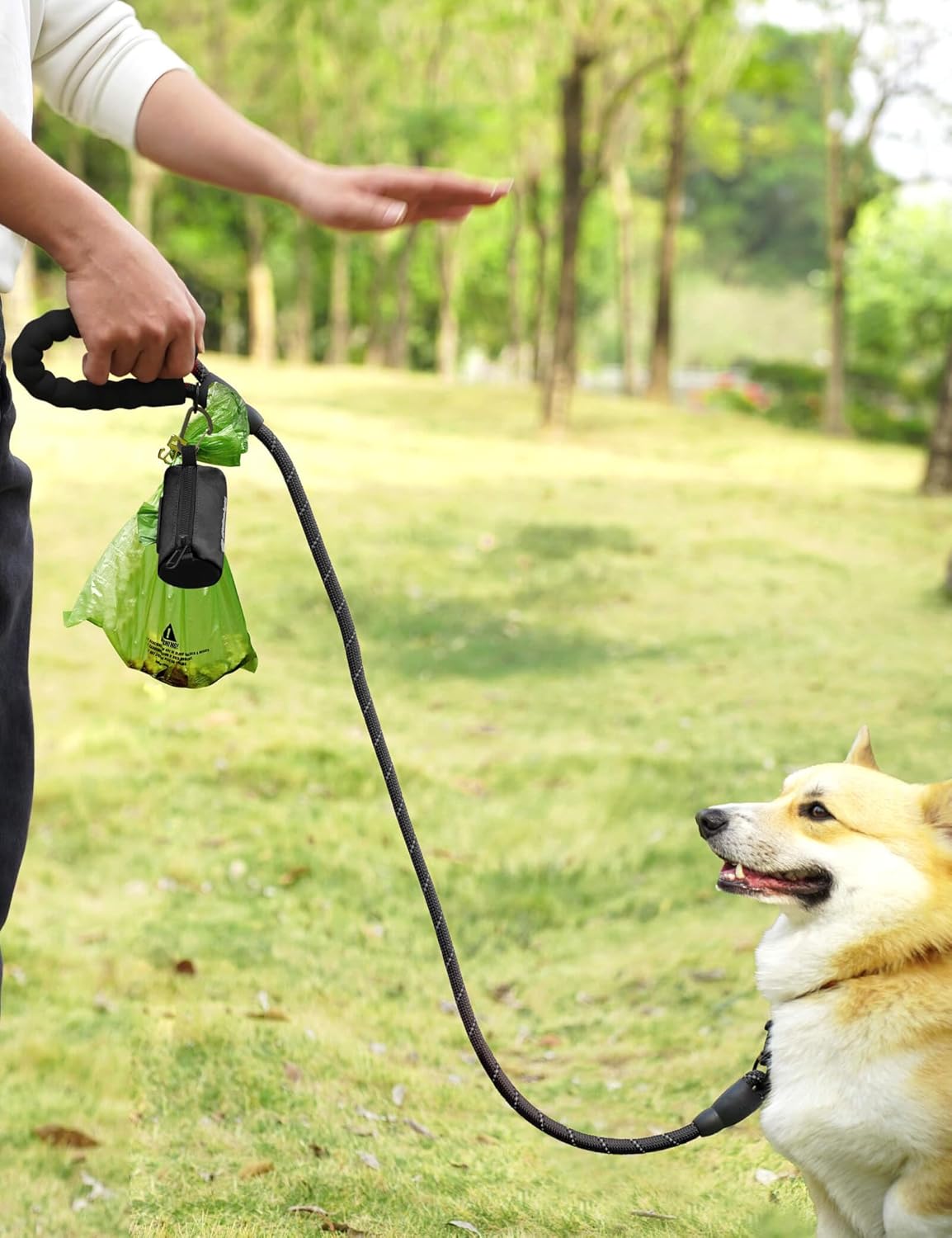 Gobeigo Dog Poop Bag Holder for Leash, Large Opening for Easy Pull Out, Doggy Poo Bag Dispenser with Used Waste Bag Carrier Suitable for Any Retractable Leash with 15 Unscented Bags (Black)