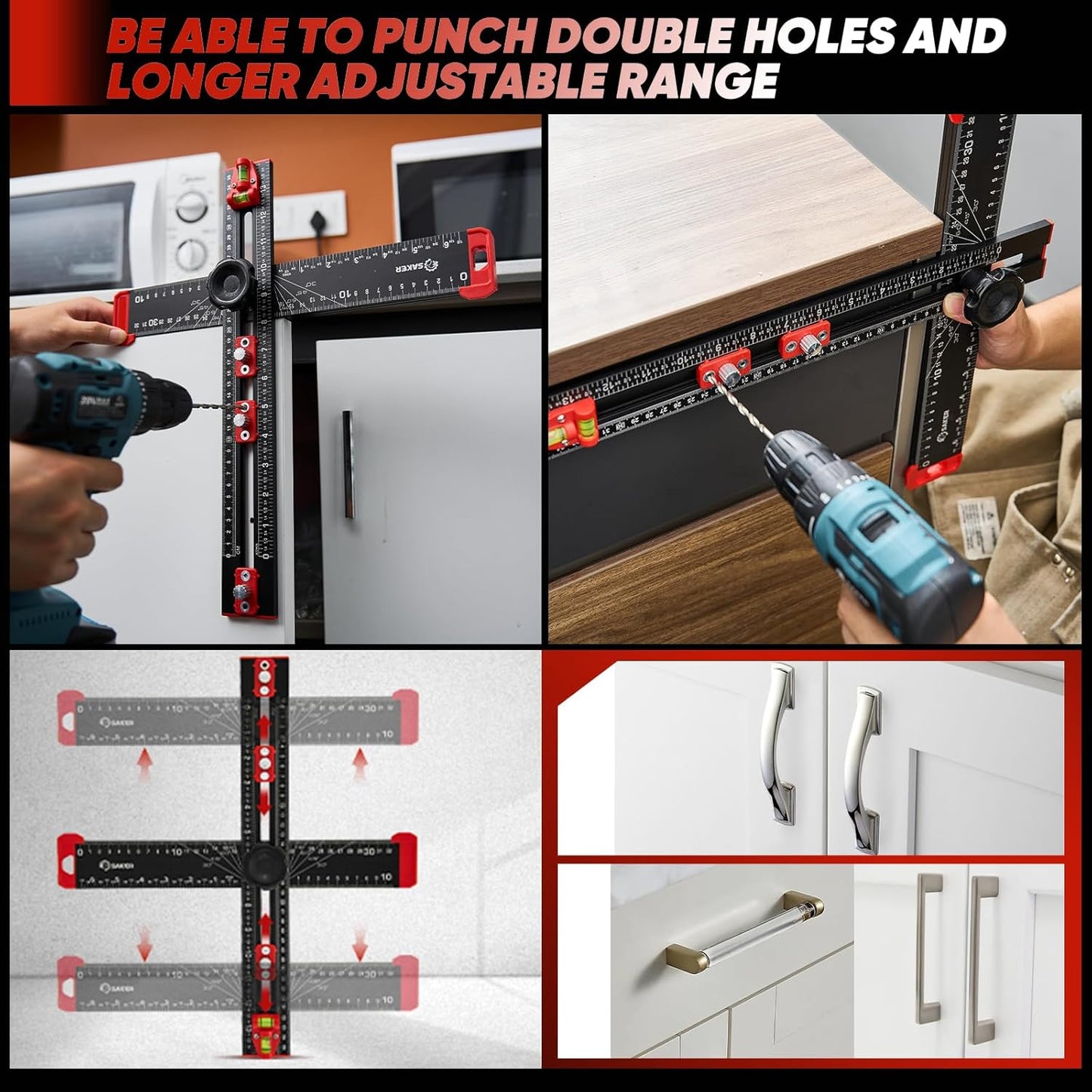 Saker 4-in-1 Drilling Positioning Ruler, Adjustable 13.78in Multifunctional T Square Ruler, Cabinet Hardware Jig, Marking Gauge Tools for Woodworking, Cabinet Drawer Door Hole Drilling Template