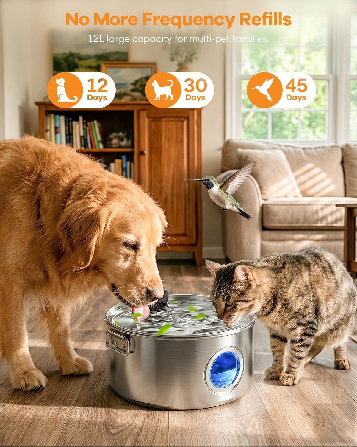 3.4Gal Wireless Automatic Dog Water Fountain for Large Dogs，12L Stainless Steel 3 Modes Dog Fountain Water Bowl Dispenser, Multi Large Pet Water Fountain Ultra Quiet & Multi-Filteration