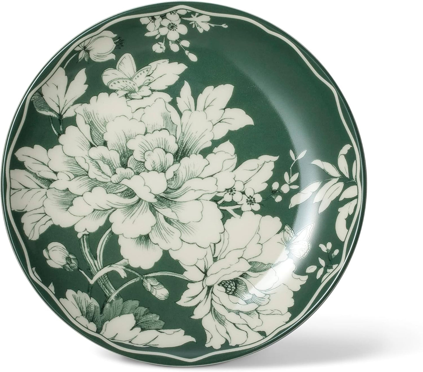 222 Fifth 12-Piece Porcelain Dinnerware Set for 4, White & Sage Green Plates and Bowls Set, Glossy Ceramic Dish Set with Detailed Floral Design, Microwave & Dishwasher Safe Dishes for Dining, Brittany