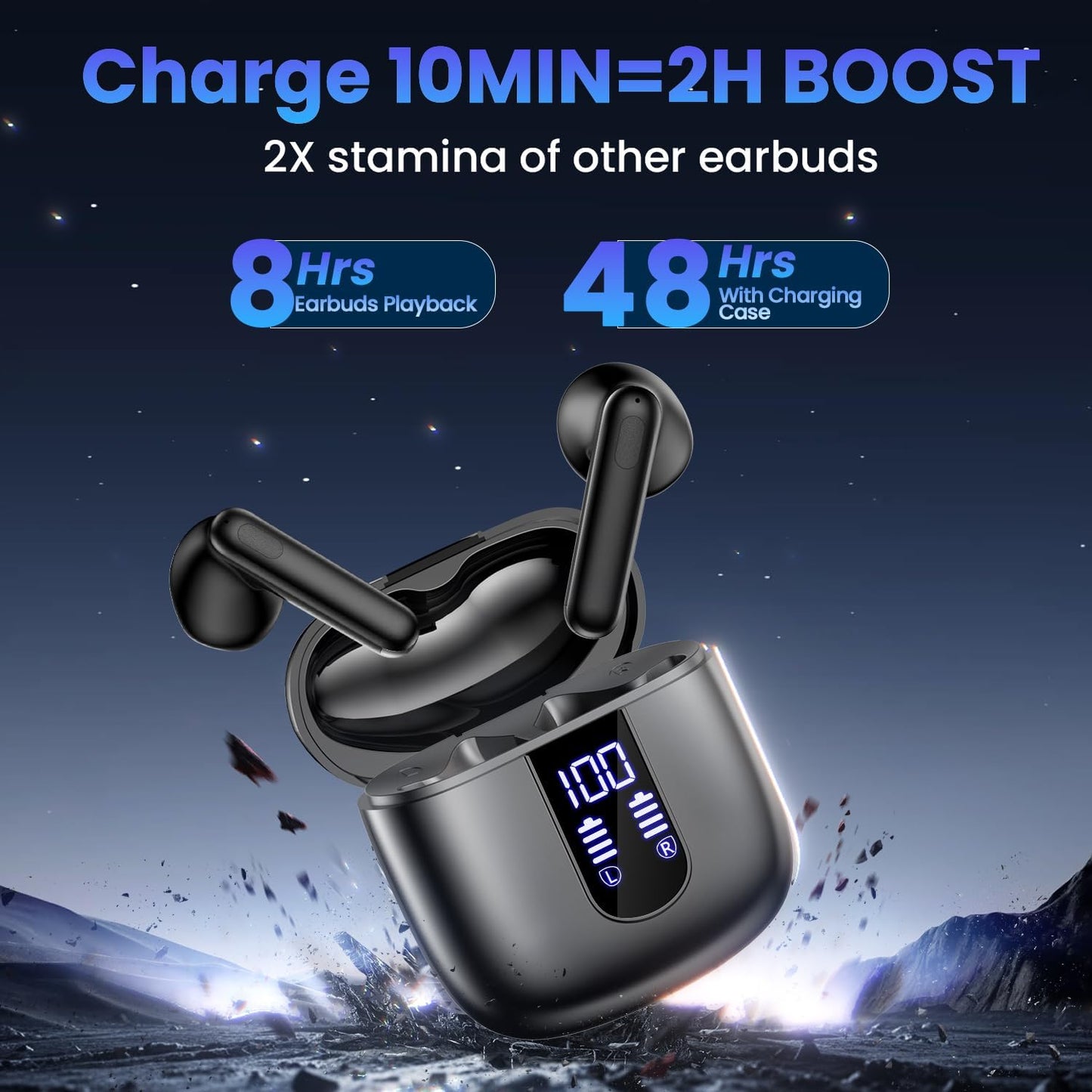 Wireless Earbuds, Bluetooth Headphones with Deep Bass Stereo, 48H Playback Ear Buds with LED Power Display, Lightweight, IPX7, in-Ear Earphones with Mic for iPhone/Android/iPad, Black