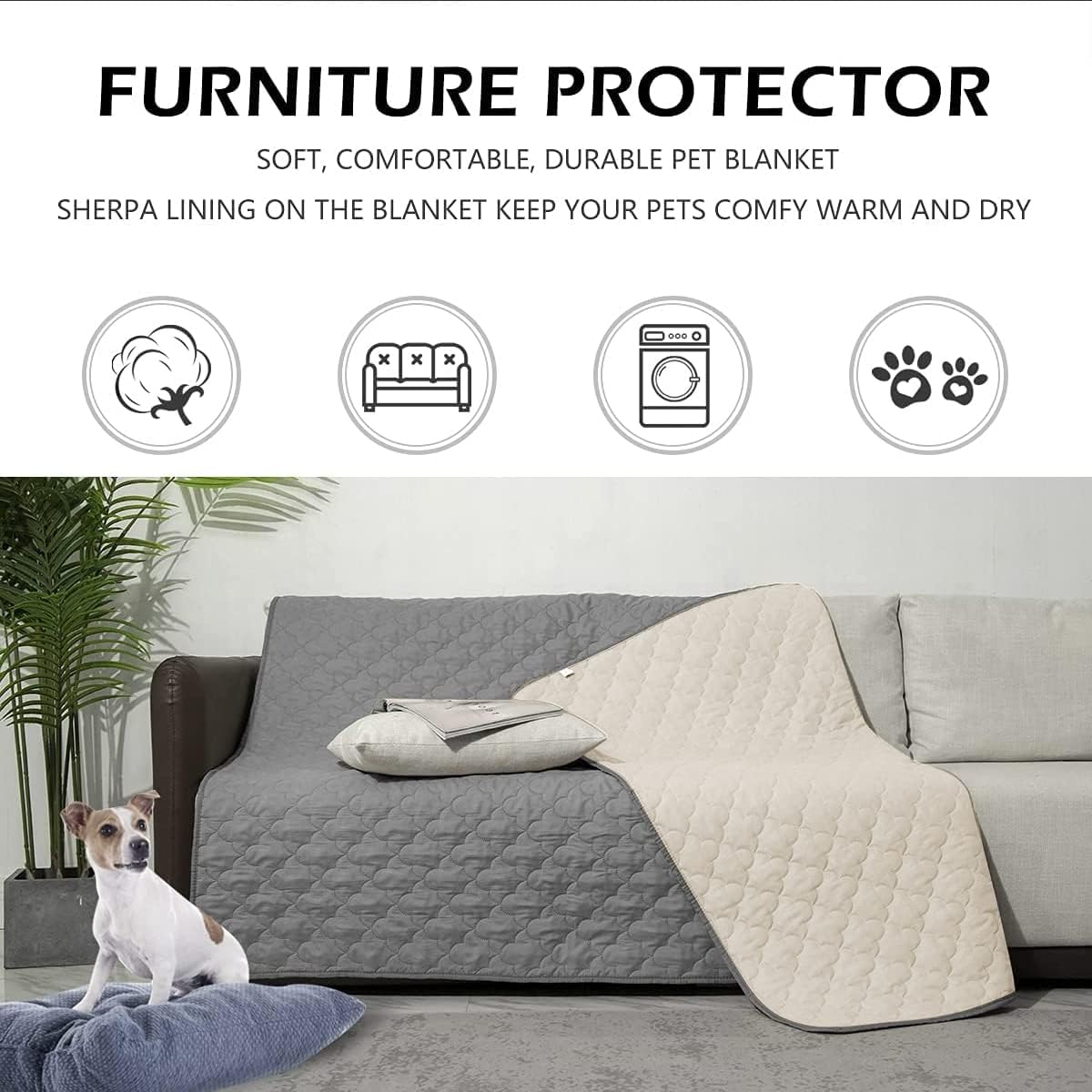 Dog Blankets for Couch Protection Waterproof Dog Bed Covers Pet Blanket Furniture Protector (Grey+Ivory, 52"x82")