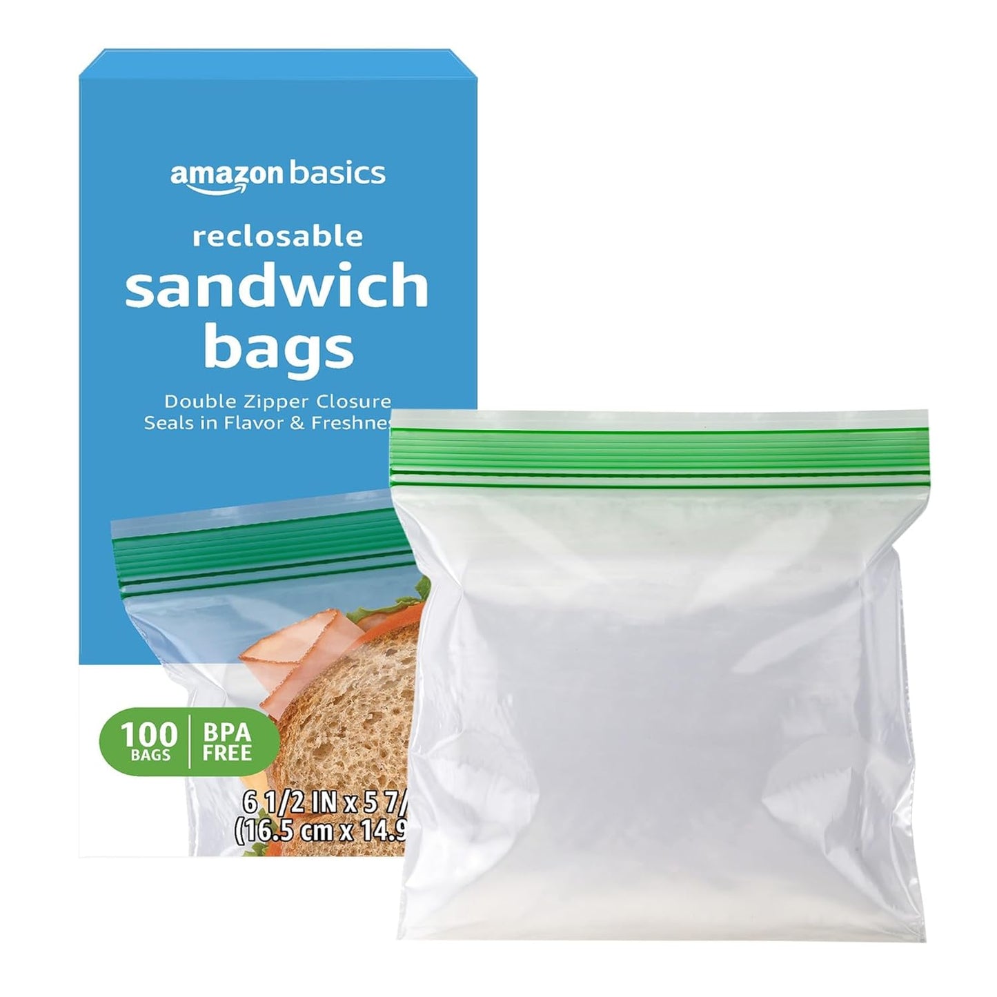 Amazon Basics Reclosable Double Zipper Sandwich Storage Bags for Food Storage, BPA Free, 100 Count
